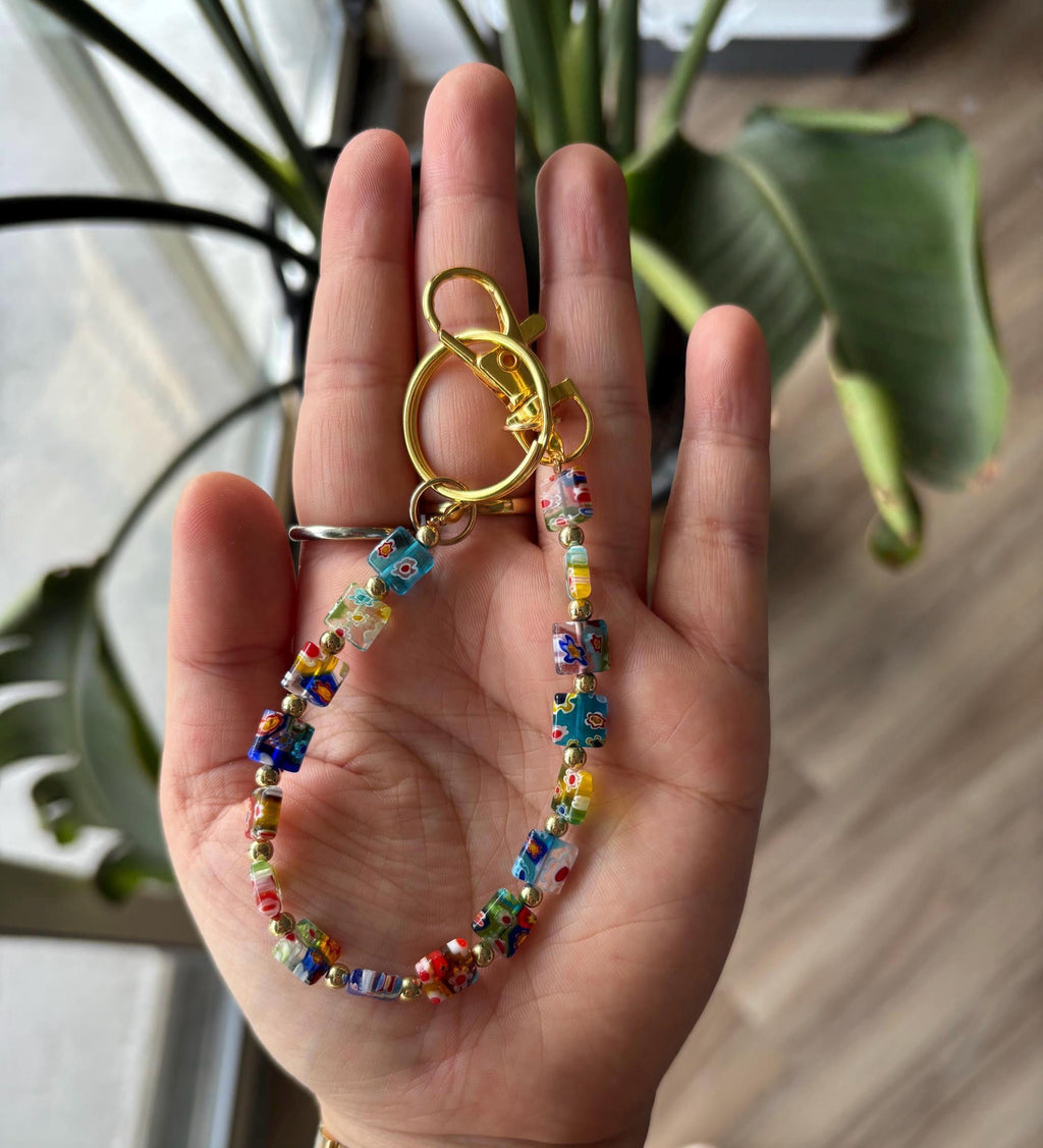 Bag Charm Keychains with Floral Glass Beads and Gold Accents, Handmade and Customizable Style & Length for Purse, Perfect for Gifts