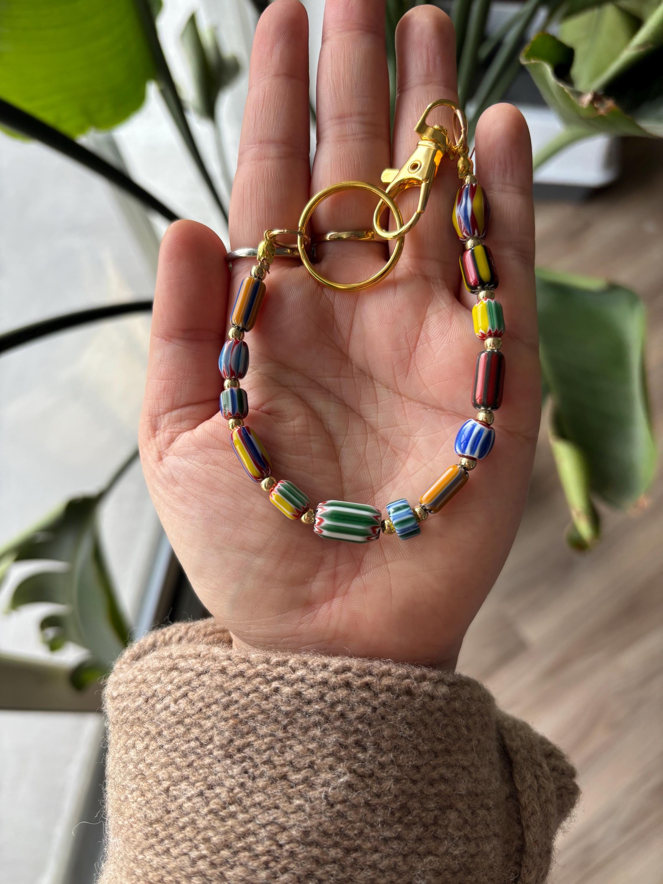 Bag Charm Keychains with Colorful Patterned Beads and Gold Accents, Handmade and Customizable Style & Length for Purse, Perfect for Gifts