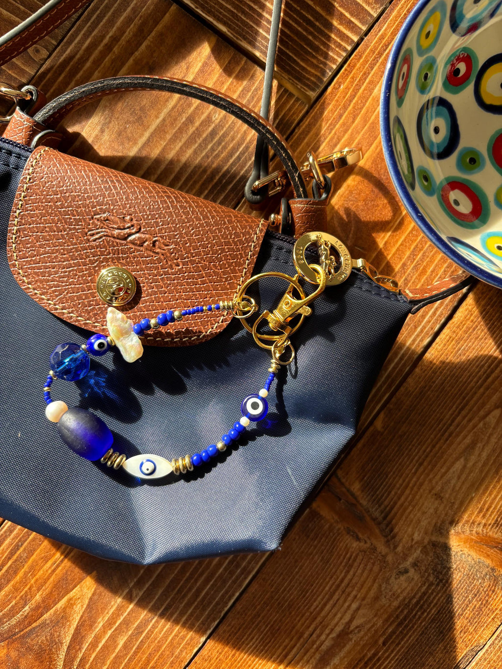 Bag Charm Keychain with Blue Evil Eyes,  Freshwater Pearls and Colorful Glass Beads, Handmade with Gold Accents, Gifts and Party Favors