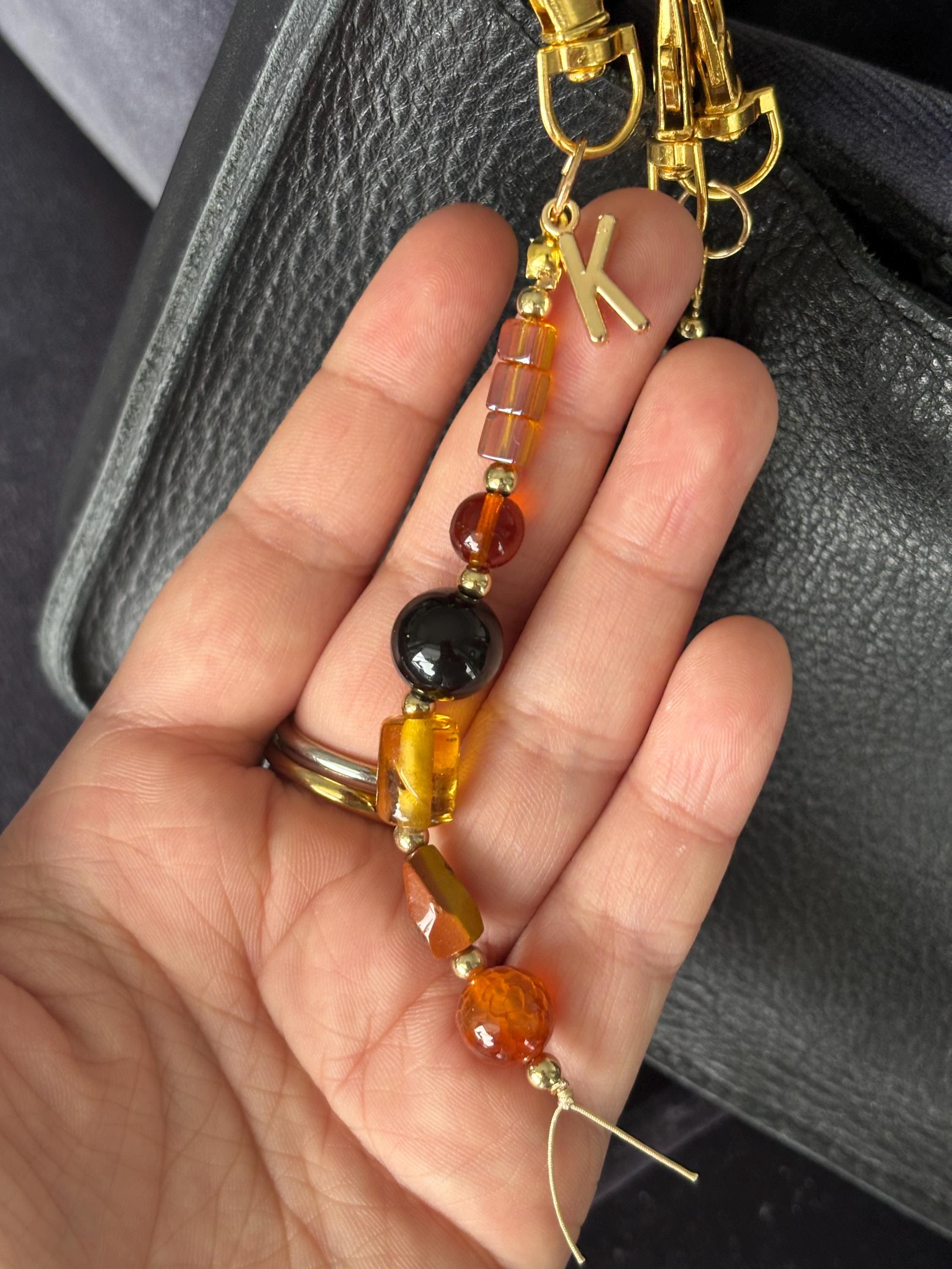 Bag Charm Keychains with Customizable Gold Letters and Vibrant Glass + Ceramic Beads, Handmade and Perfect for Purse Gifts & Favors