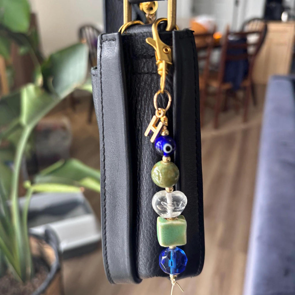 Bag Charm Keychains with Customizable Gold Letters and Vibrant Glass + Ceramic Beads, Handmade and Perfect for Purse Gifts & Favors