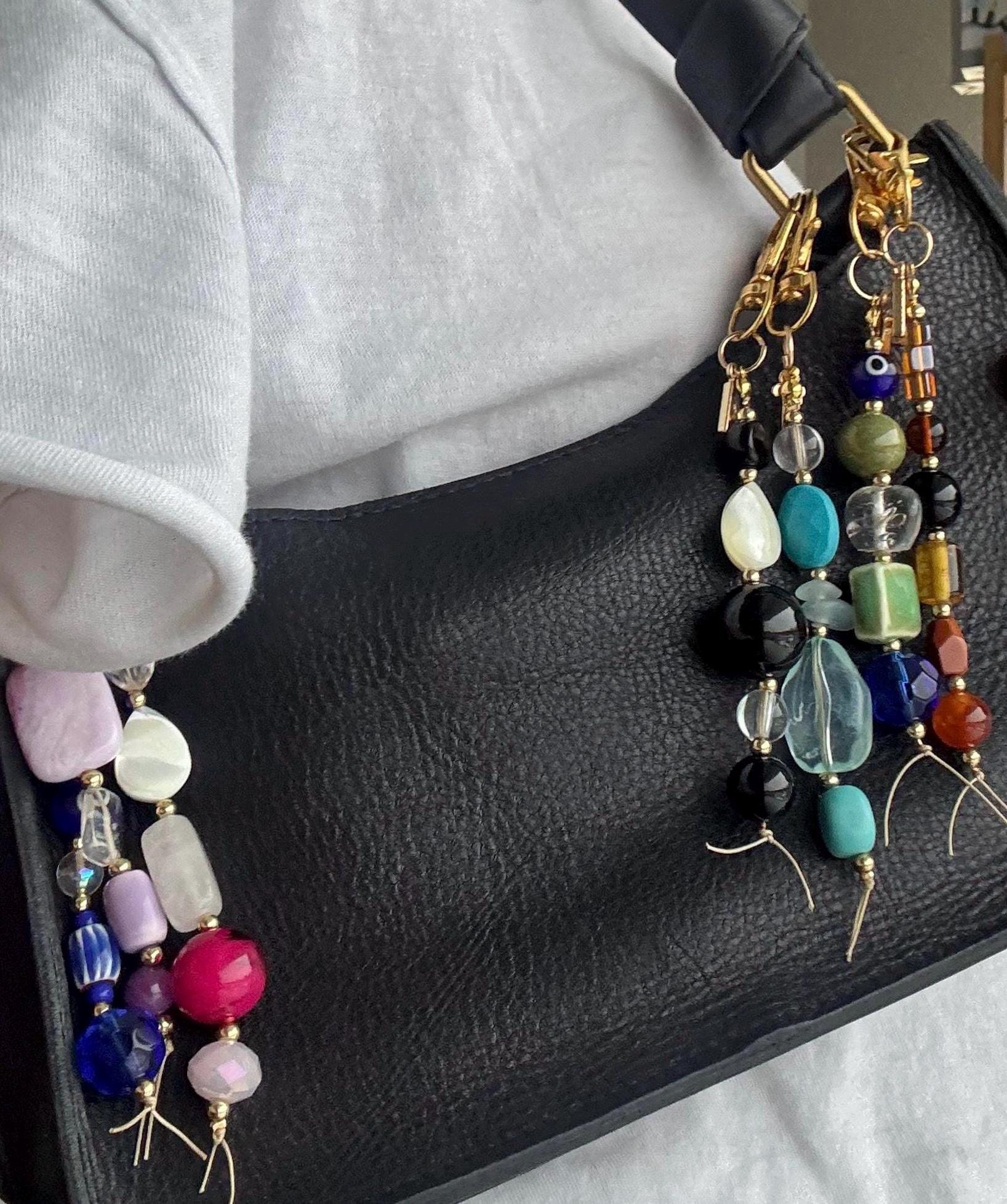 Bag Charm Keychains with Customizable Gold Letters and Vibrant Glass + Ceramic Beads, Handmade and Perfect for Purse Gifts & Favors