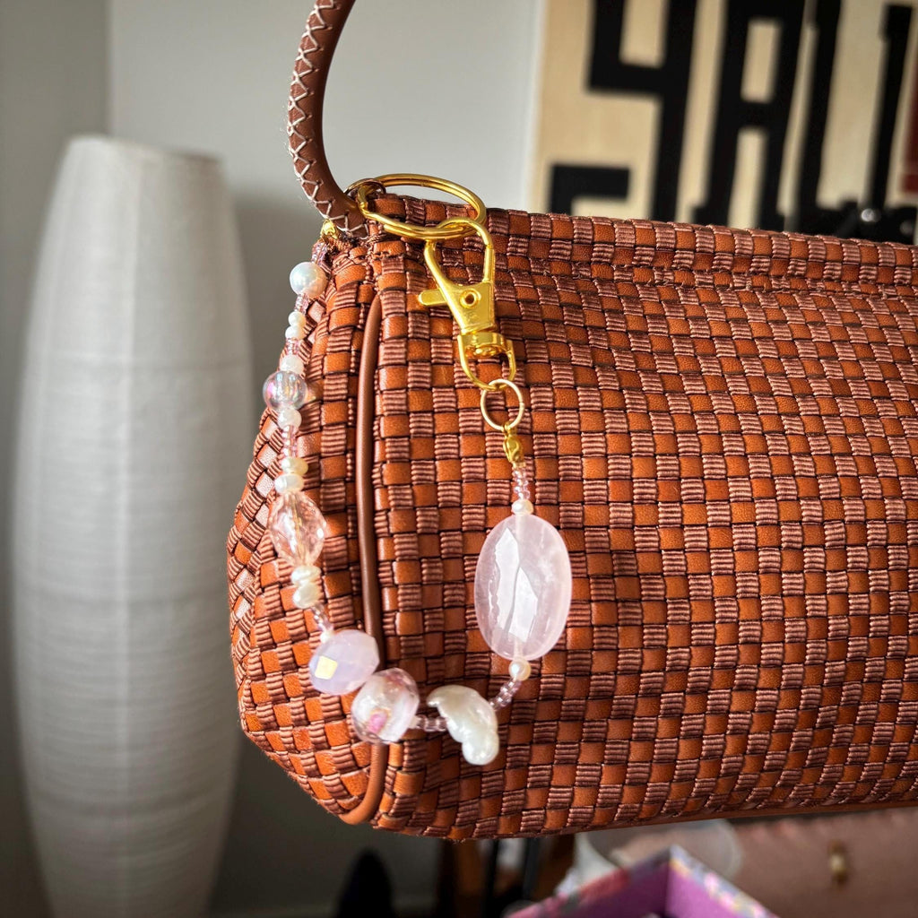 Bag Charm Keychain “Pretty In Pink” with Freshwater Pearls and Glass Beads, Handmade with Gold Accents, Gifts and Party Favors