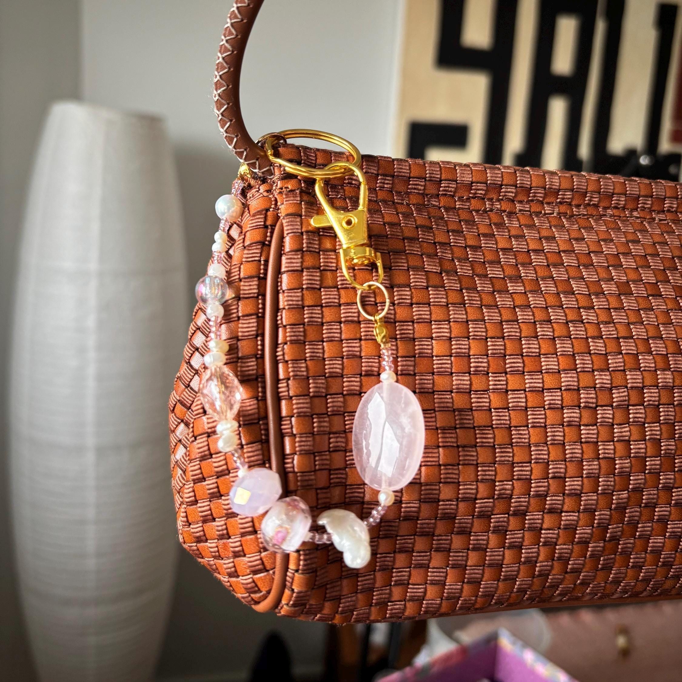 Bag Charm Keychain “Pretty In Pink” with Freshwater Pearls and Glass Beads, Handmade with Gold Accents, Gifts and Party Favors