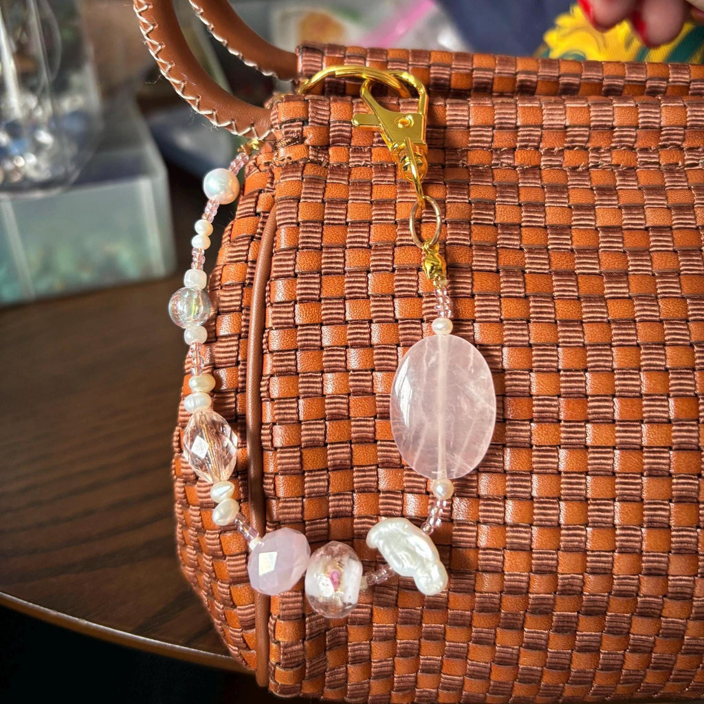 Bag Charm Keychain “Pretty In Pink” with Freshwater Pearls and Glass Beads, Handmade with Gold Accents, Gifts and Party Favors