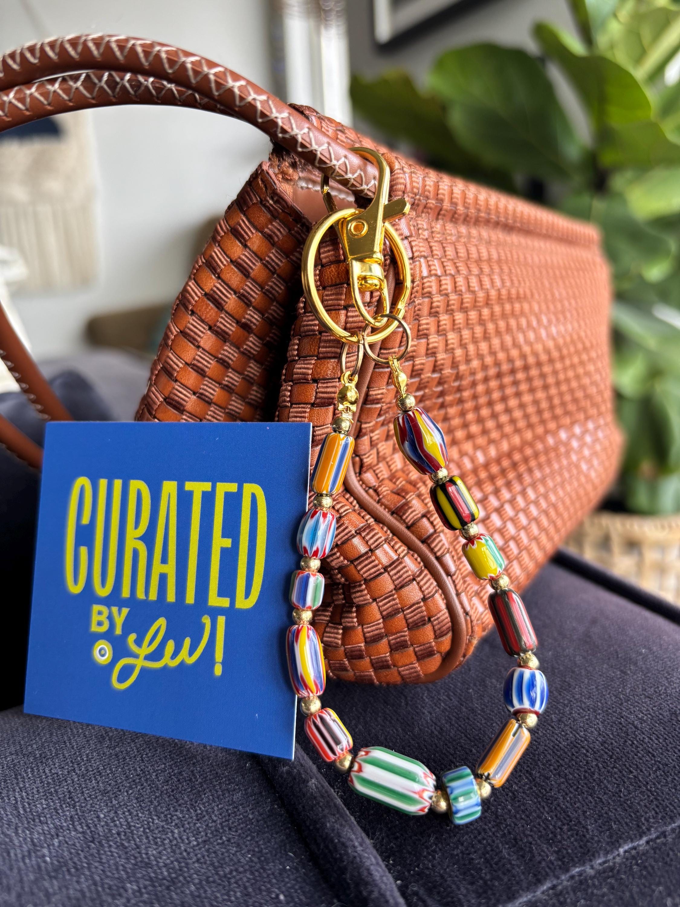 Bag Charm Keychains with Colorful Patterned Beads and Gold Accents, Handmade and Customizable Style & Length for Purse, Perfect for Gifts