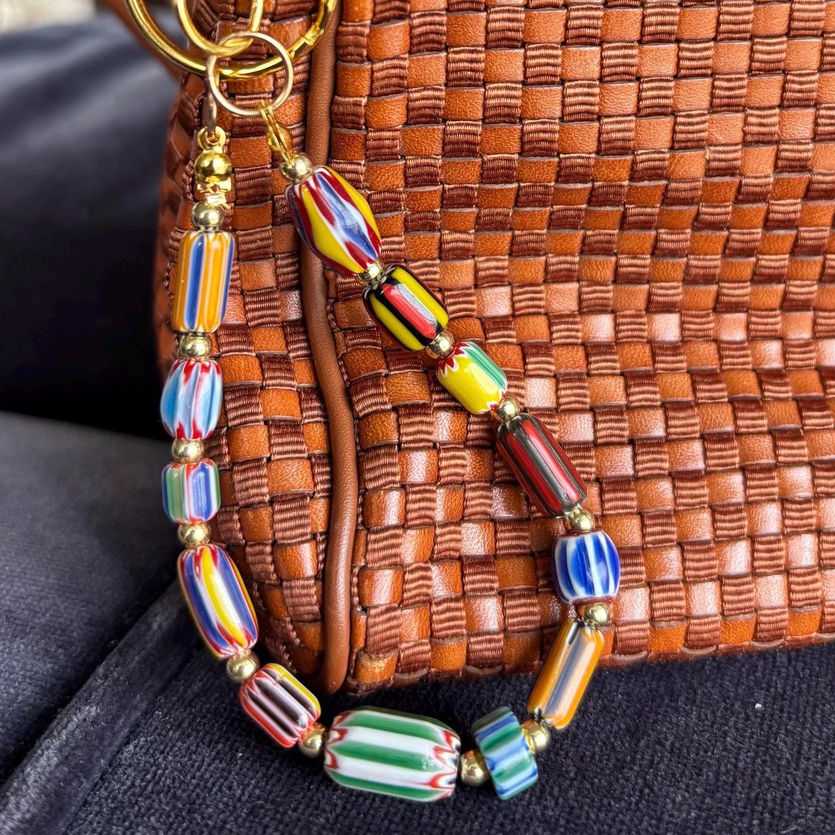 Bag Charm Keychains with Colorful Patterned Beads and Gold Accents, Handmade and Customizable Style & Length for Purse, Perfect for Gifts