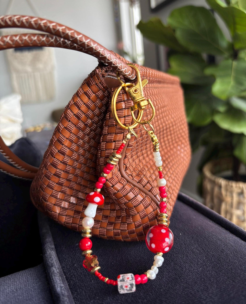 Bag Charm Keychain “Mushroom Mania” with Freshwater Pearls and Glass Beads, Handmade with Gold Accents, Gifts and Party Favors