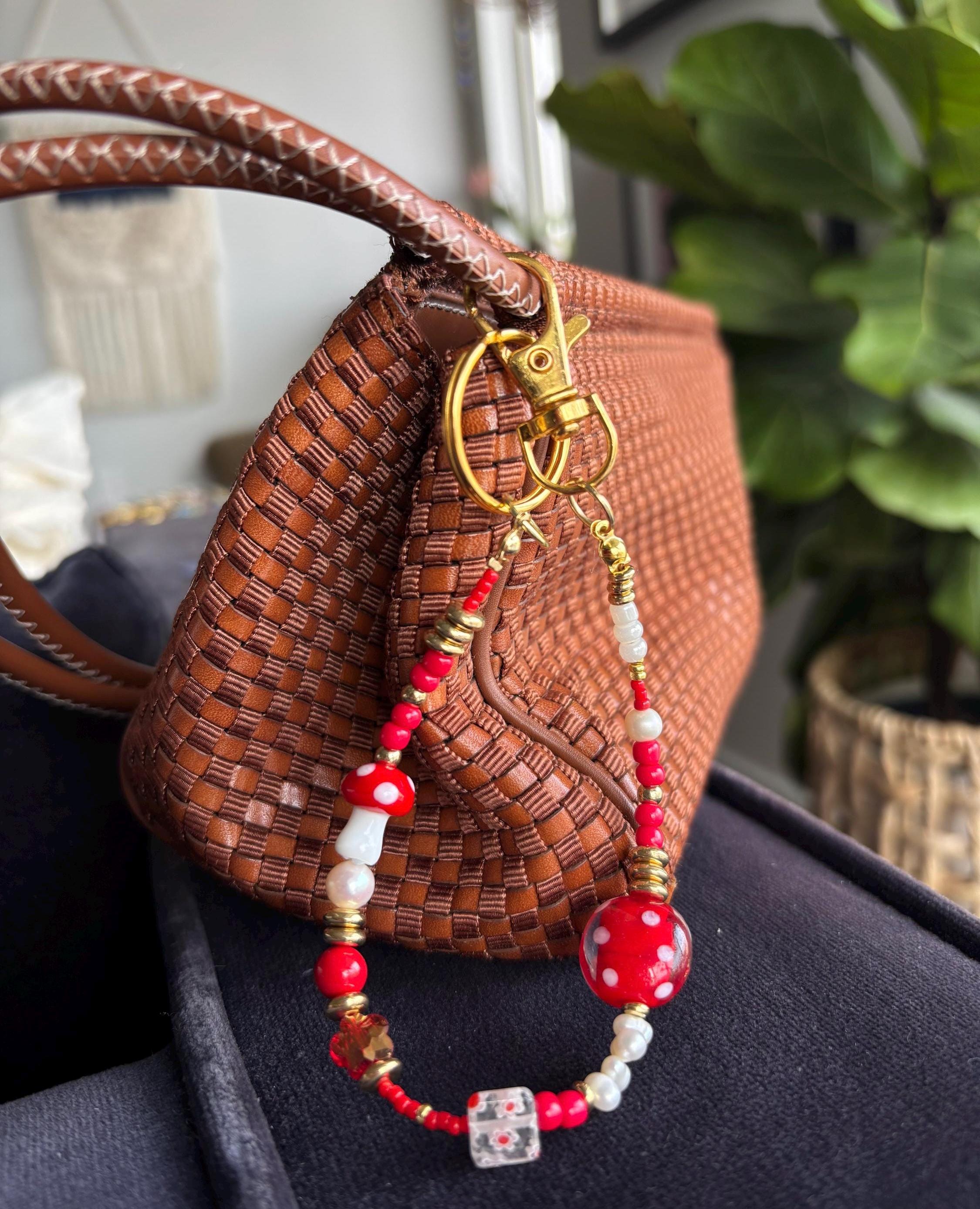 Bag Charm Keychain “Mushroom Mania” with Freshwater Pearls and Glass Beads, Handmade with Gold Accents, Gifts and Party Favors