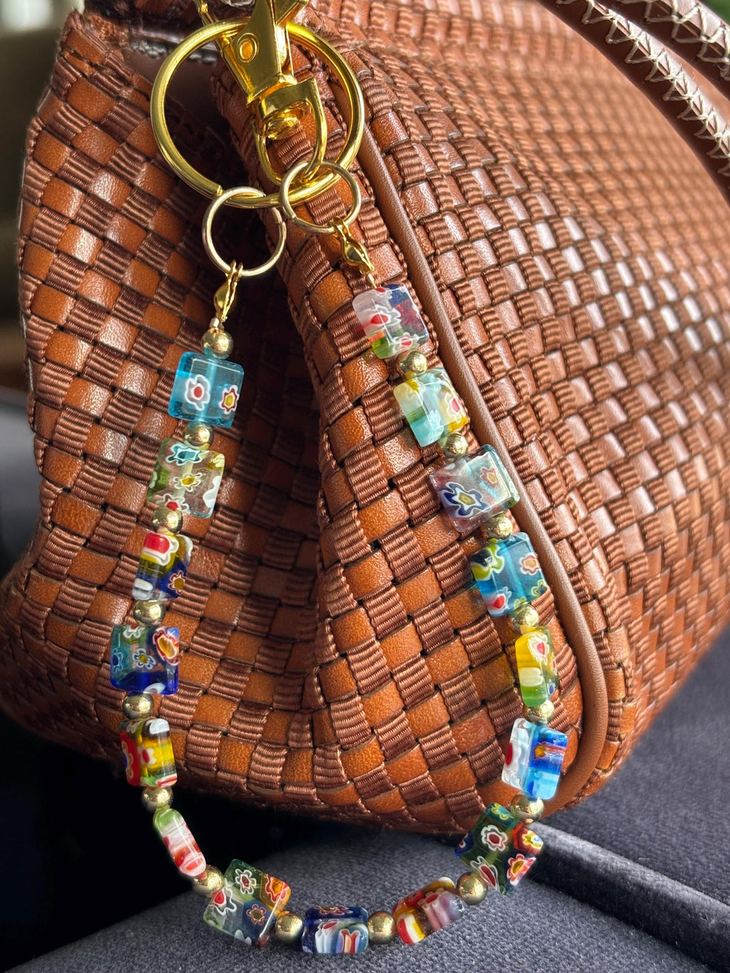 Bag Charm Keychains with Floral Glass Beads and Gold Accents, Handmade and Customizable Style & Length for Purse, Perfect for Gifts
