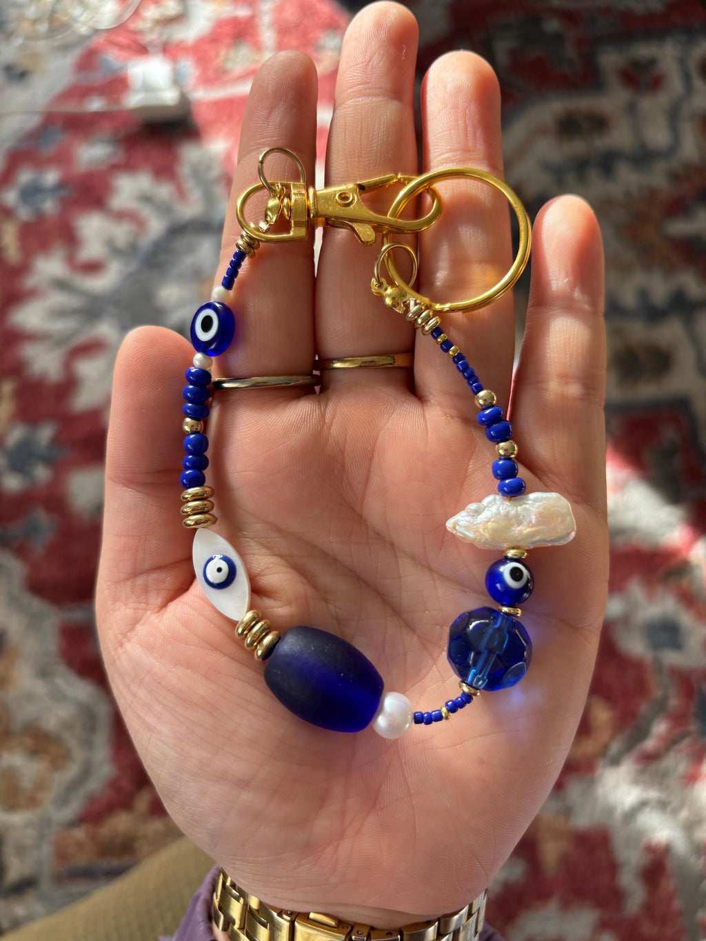 Bag Charm Keychain with Blue Evil Eyes,  Freshwater Pearls and Colorful Glass Beads, Handmade with Gold Accents, Gifts and Party Favors