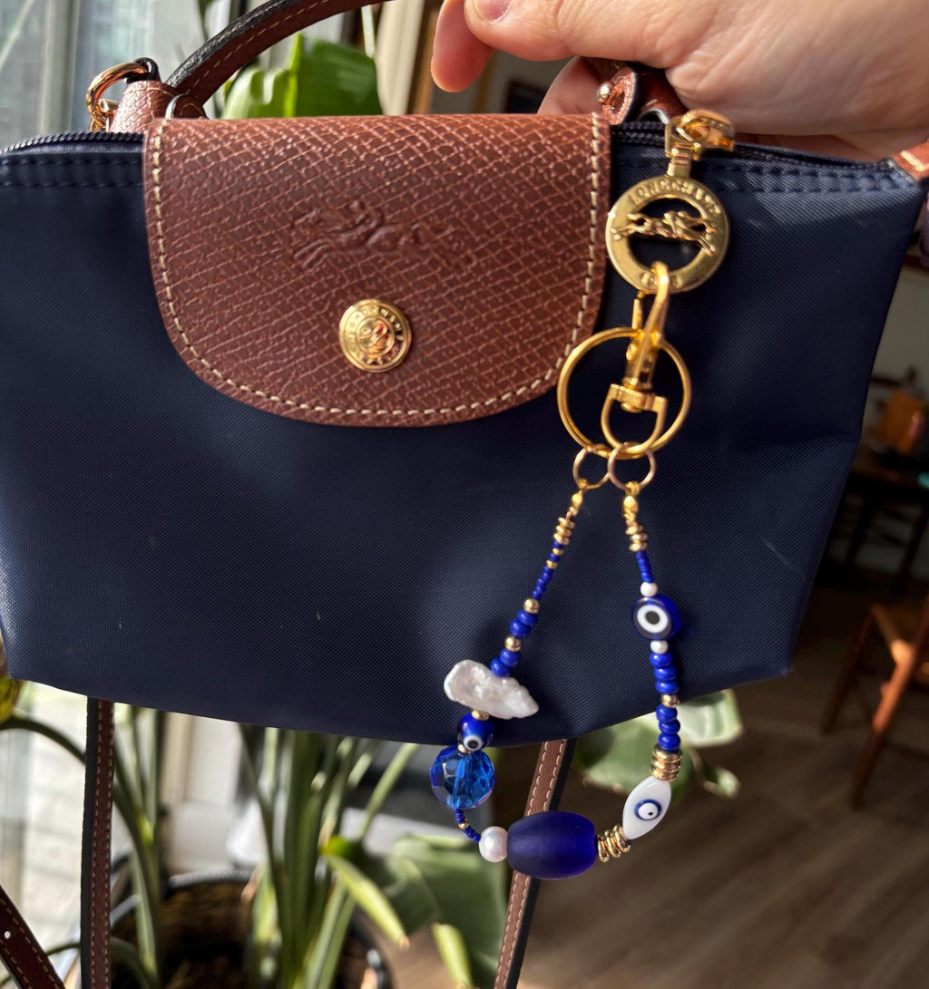 Bag Charm Keychain with Blue Evil Eyes,  Freshwater Pearls and Colorful Glass Beads, Handmade with Gold Accents, Gifts and Party Favors