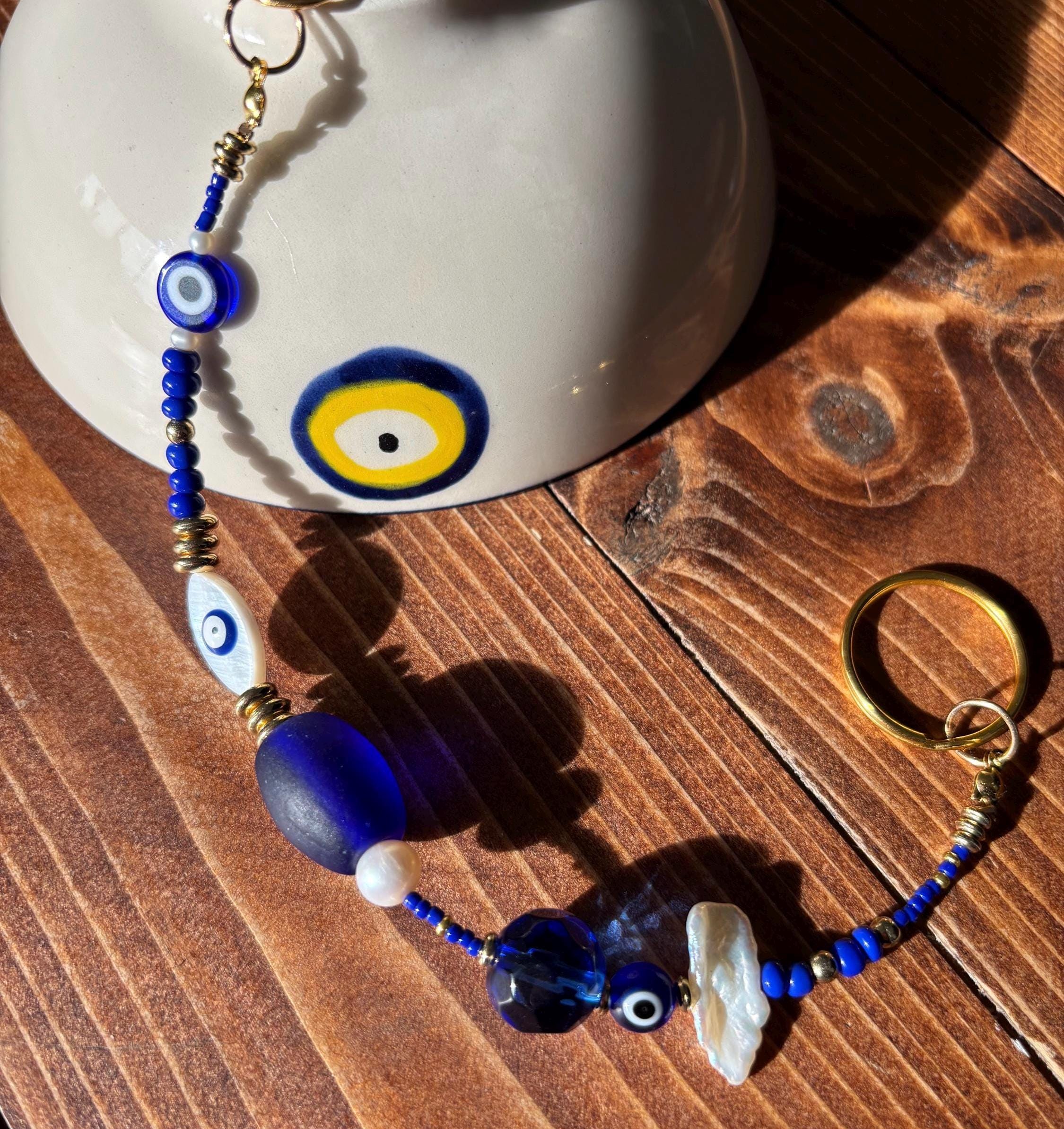 Bag Charm Keychain with Blue Evil Eyes,  Freshwater Pearls and Colorful Glass Beads, Handmade with Gold Accents, Gifts and Party Favors
