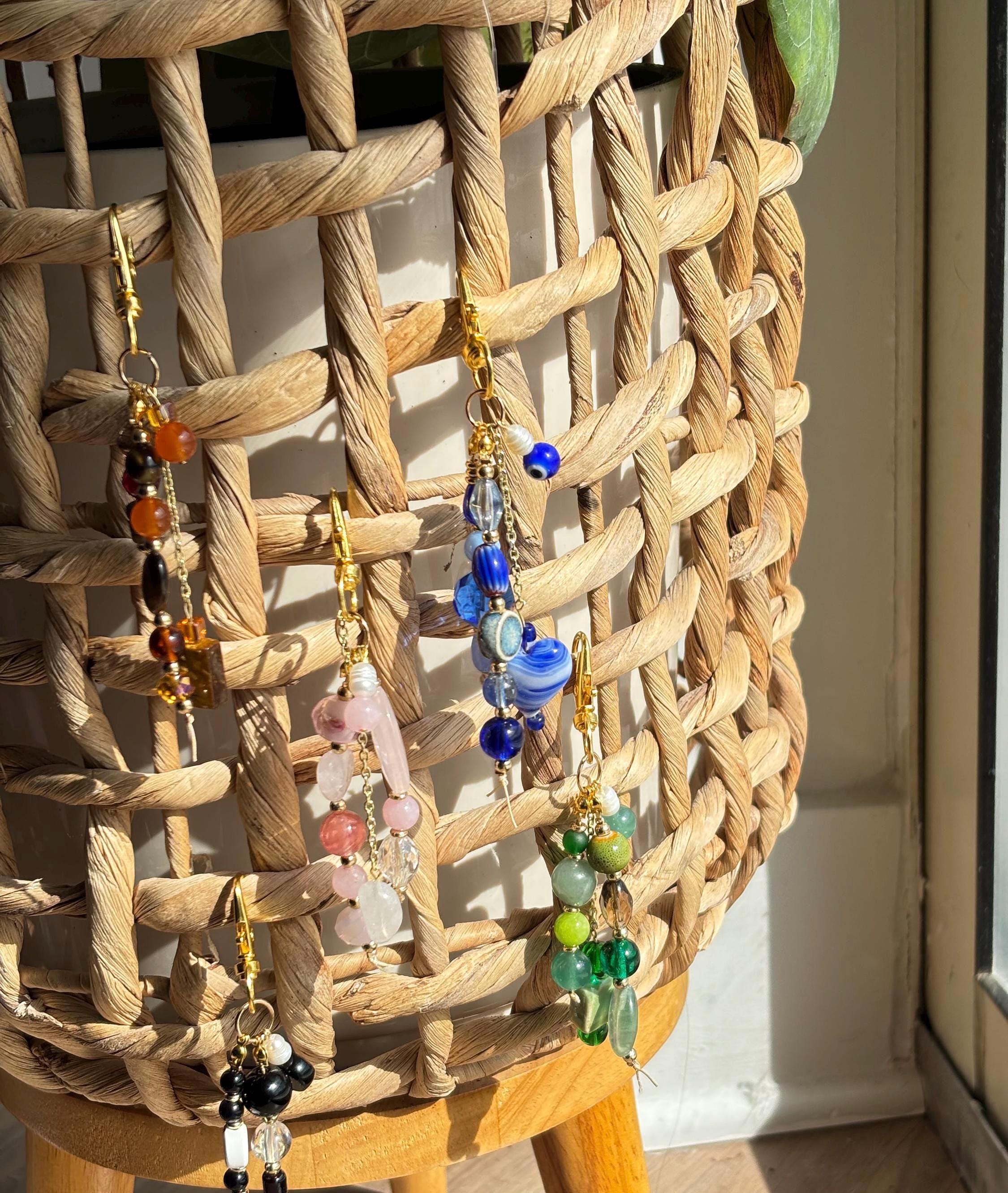 Bag Charm Keychains with Glass + Ceramic Beads, Gold Accents, and Freshwater Pearls | Handmade and Customizable | Perfect for Purse Gifts