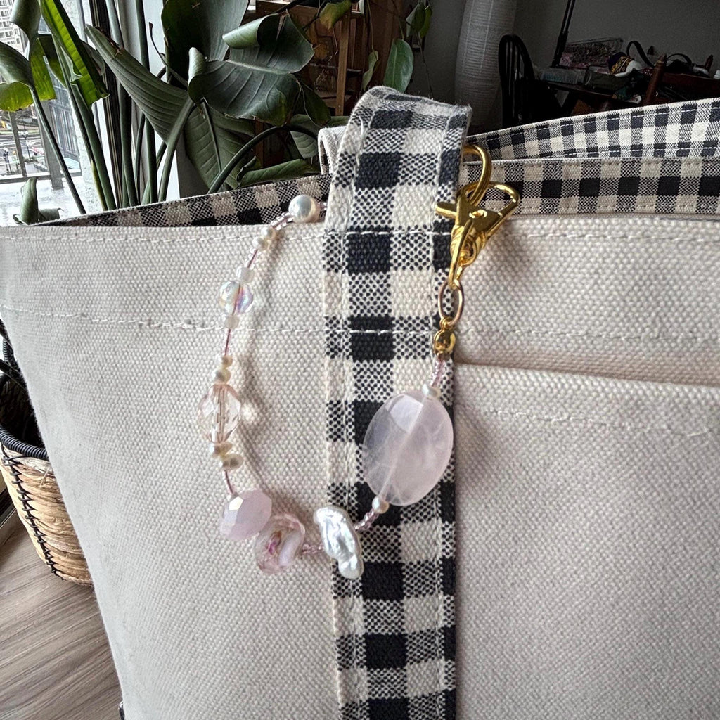 Bag Charm Keychain “Pretty In Pink” with Freshwater Pearls and Glass Beads, Handmade with Gold Accents, Gifts and Party Favors