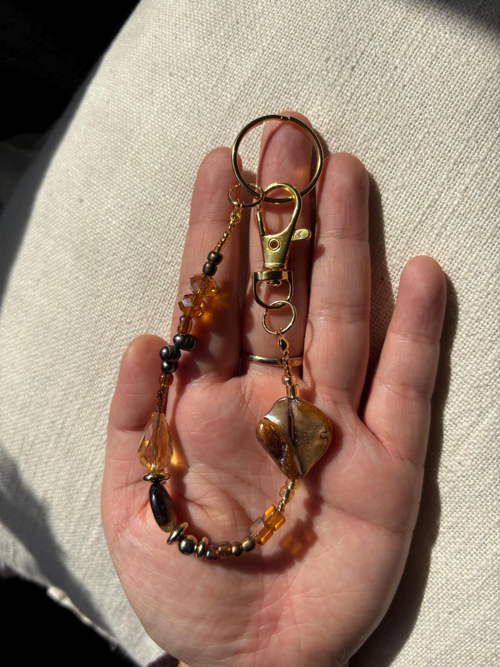 Bag Charm Keychain with Freshwater Pearls and Glass Beads | “Abalone Shell” | Handmade with Gold Accents, Gifts and Party Favors for Purse