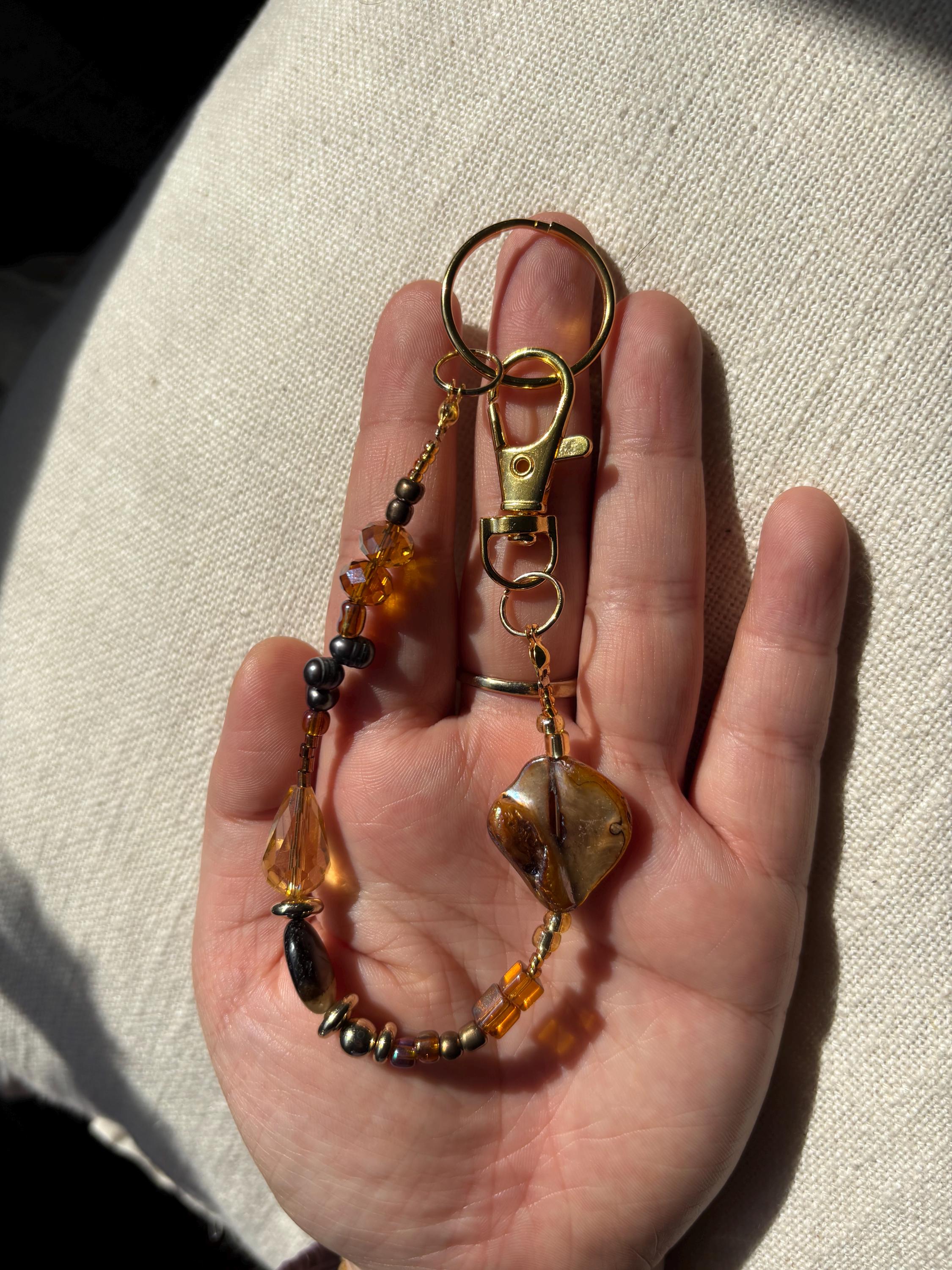 Bag Charm Keychain with Freshwater Pearls and Glass Beads | “Abalone Shell” | Handmade with Gold Accents, Gifts and Party Favors for Purse