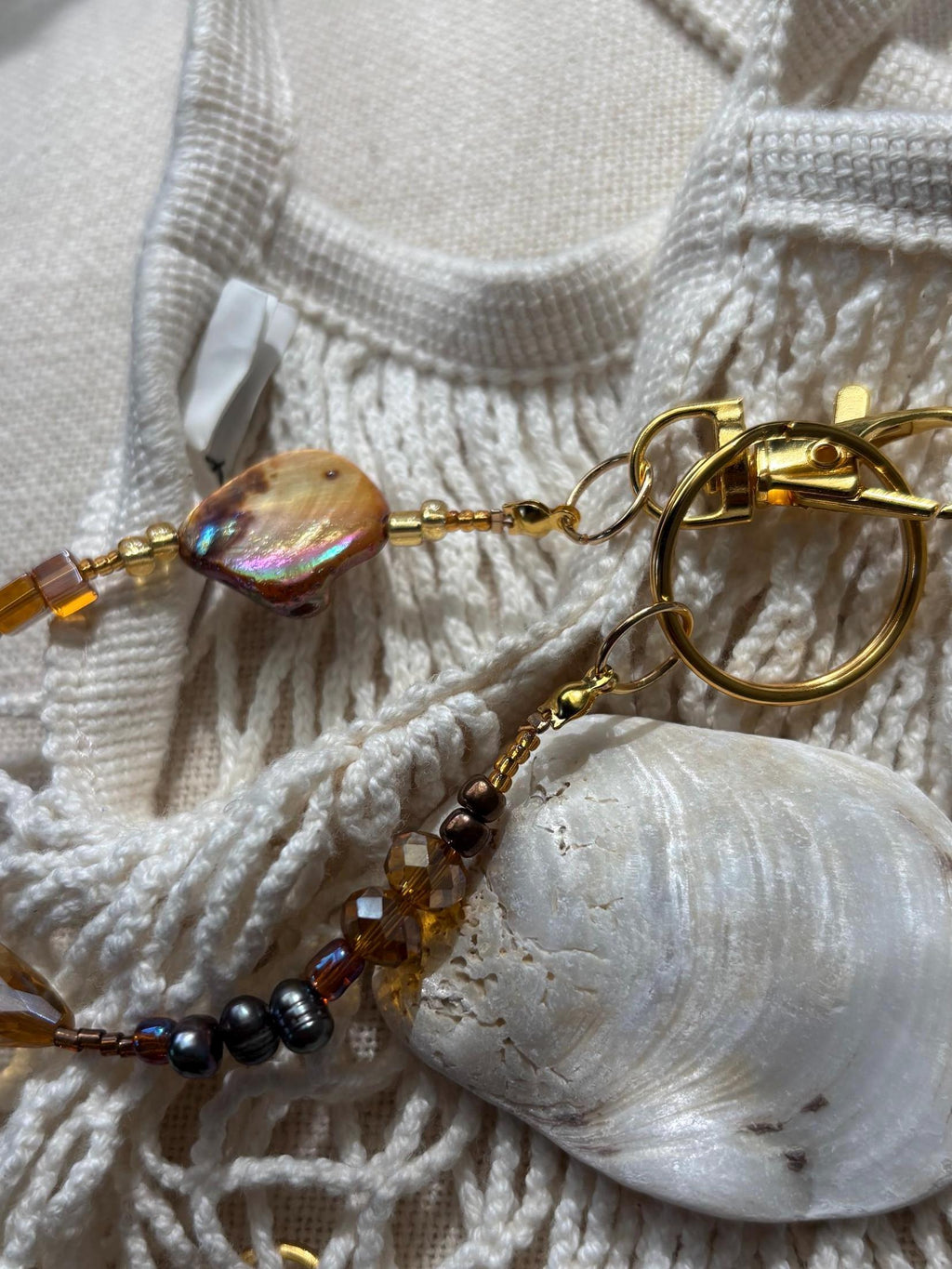 Bag Charm Keychain with Freshwater Pearls and Glass Beads | “Abalone Shell” | Handmade with Gold Accents, Gifts and Party Favors for Purse