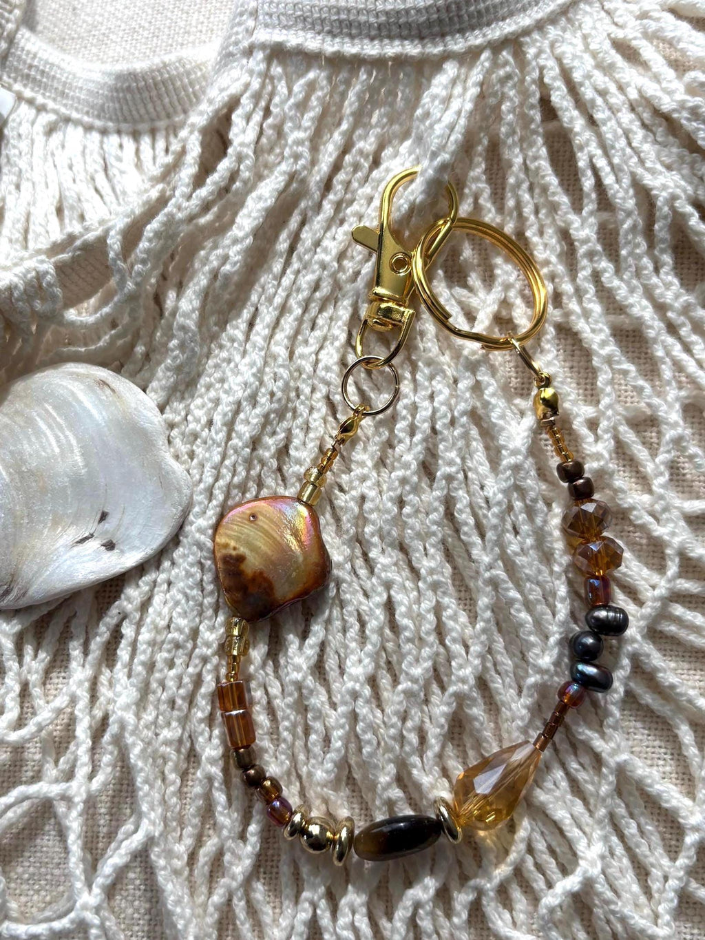 Bag Charm Keychain with Freshwater Pearls and Glass Beads | “Abalone Shell” | Handmade with Gold Accents, Gifts and Party Favors for Purse