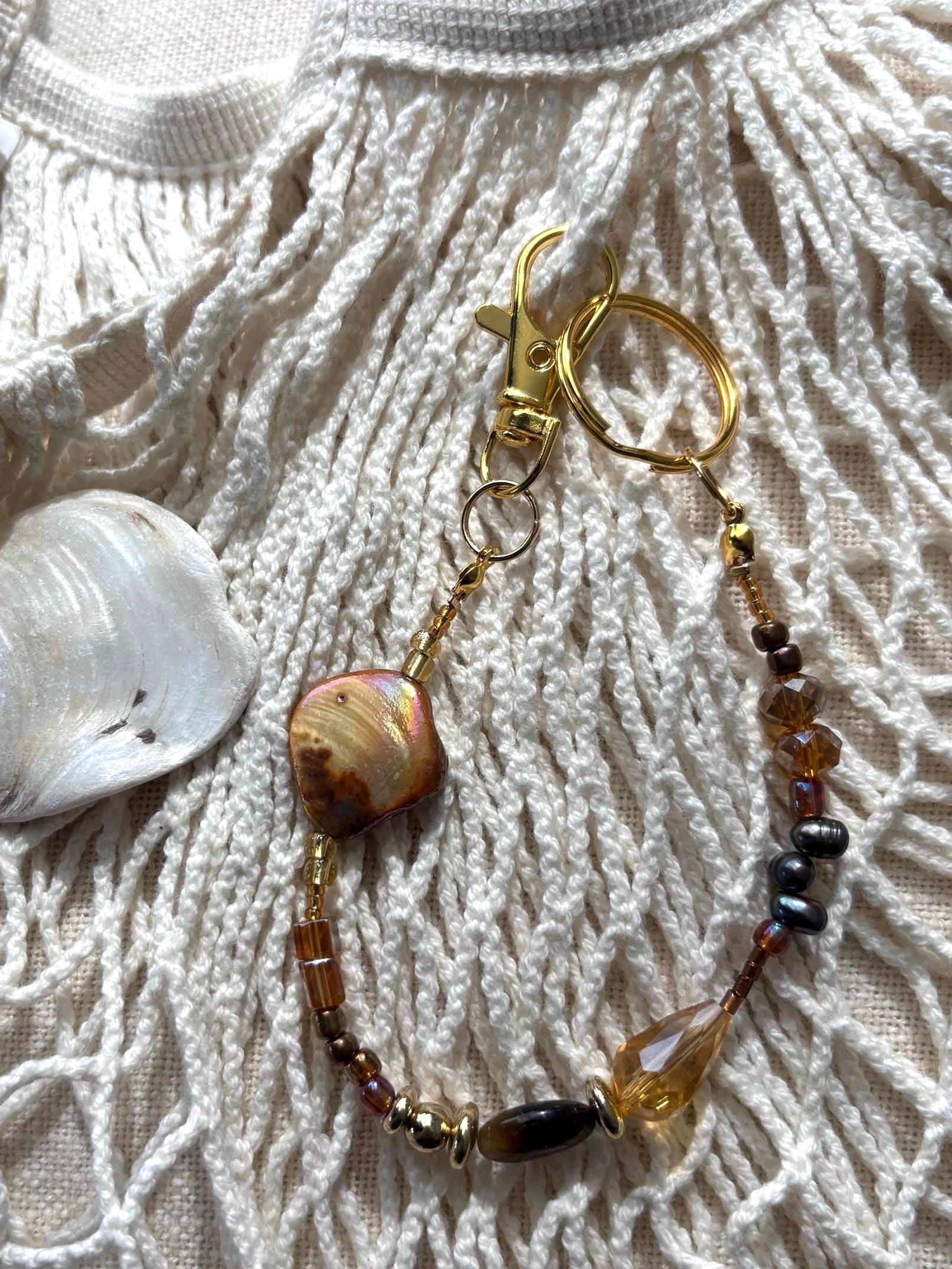 Bag Charm Keychain with Freshwater Pearls and Glass Beads | “Abalone Shell” | Handmade with Gold Accents, Gifts and Party Favors for Purse