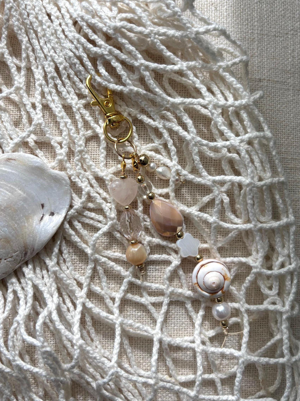 Bag Charm Keychain with Freshwater Pearls & Shells | “Sand Treats” |  Handmade and Customizable with Gold Accents, Gifts and Party Favors
