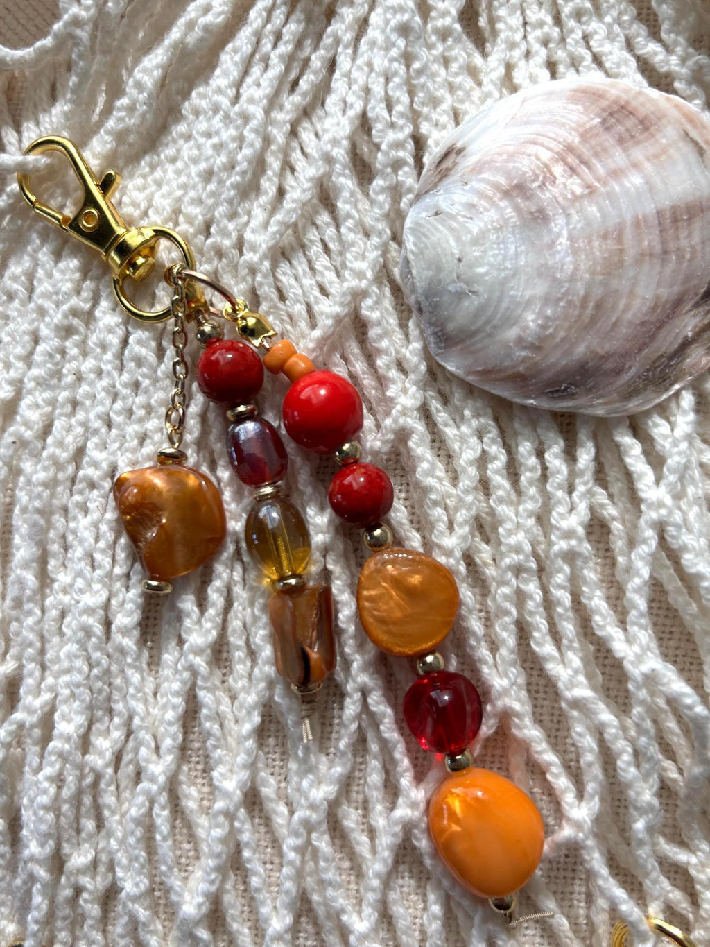 Bag Charm Keychain with Freshwater Pearls & Glass Bead | “Coral Reef” |  Handmade and Customizable with Gold Accents, Gifts and Party Favors