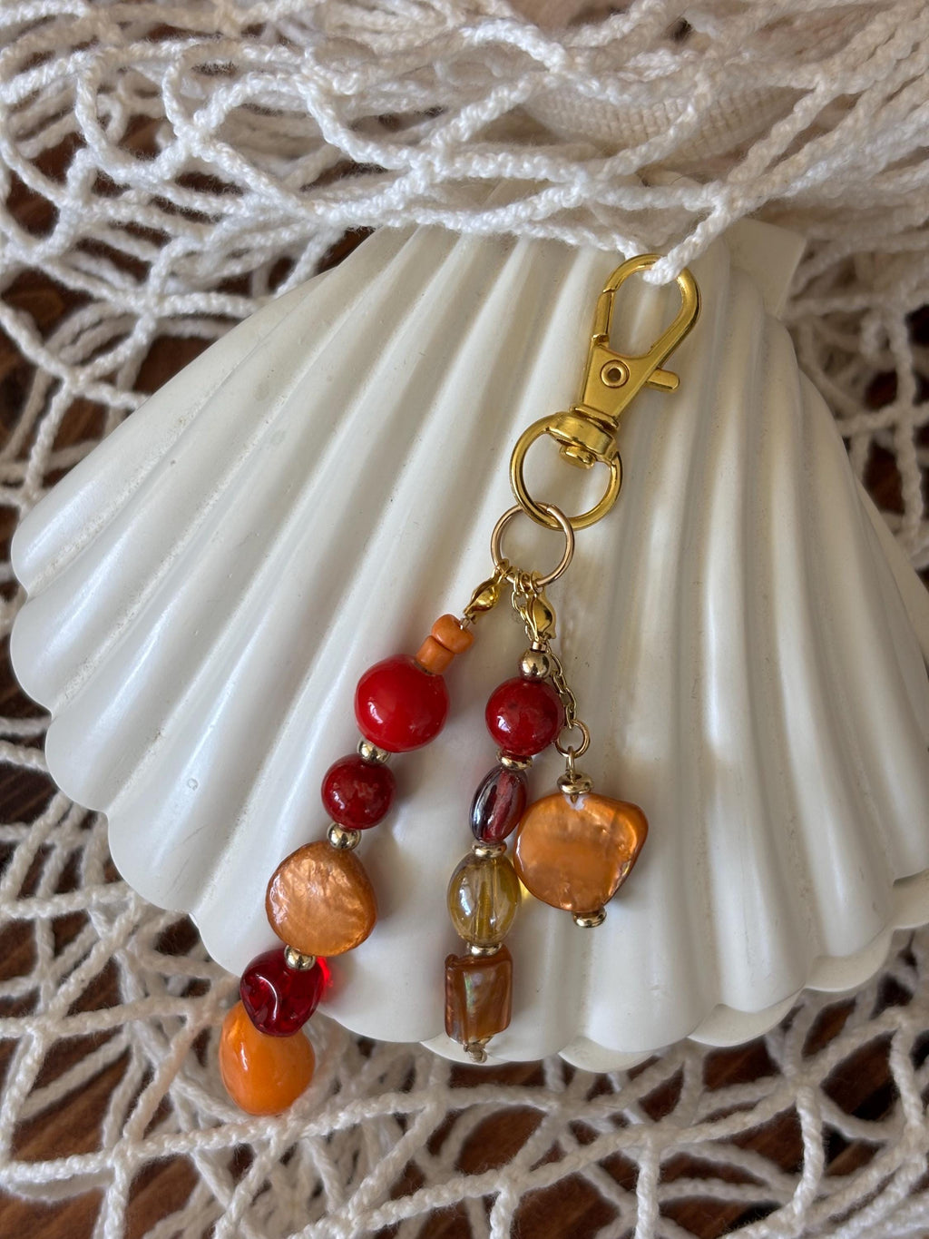 Bag Charm Keychain with Freshwater Pearls & Glass Bead | “Coral Reef” |  Handmade and Customizable with Gold Accents, Gifts and Party Favors