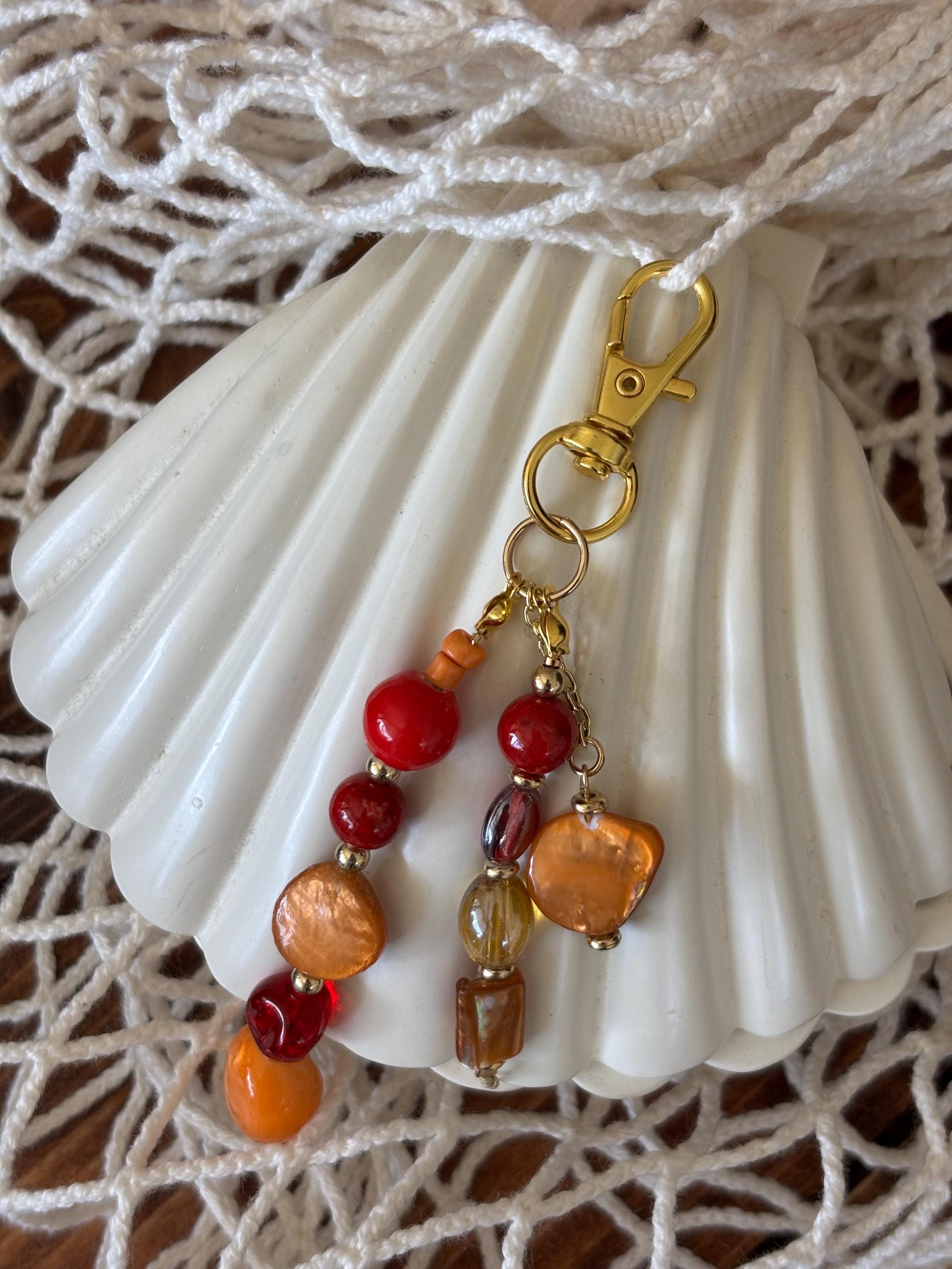 Bag Charm Keychain with Freshwater Pearls & Glass Bead | “Coral Reef” |  Handmade and Customizable with Gold Accents, Gifts and Party Favors