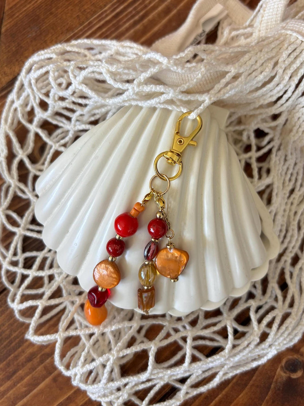 Bag Charm Keychain with Freshwater Pearls & Glass Bead | “Coral Reef” |  Handmade and Customizable with Gold Accents, Gifts and Party Favors