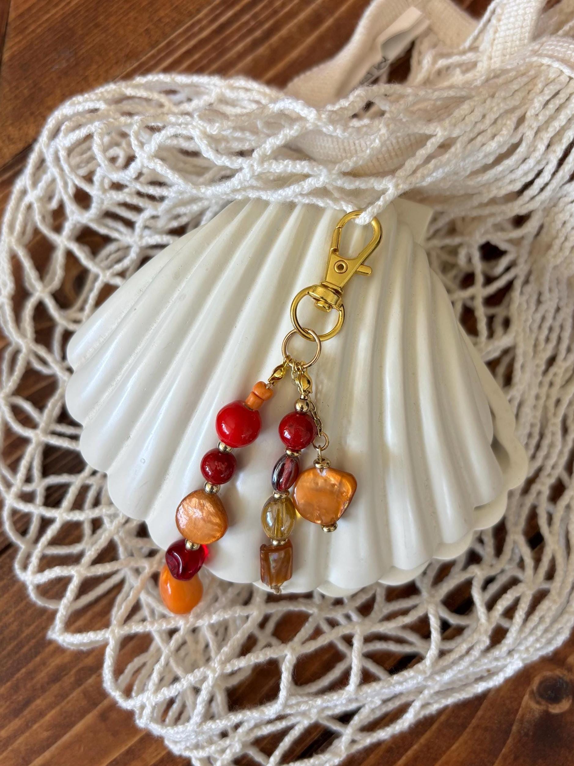Bag Charm Keychain with Freshwater Pearls & Glass Bead | “Coral Reef” |  Handmade and Customizable with Gold Accents, Gifts and Party Favors