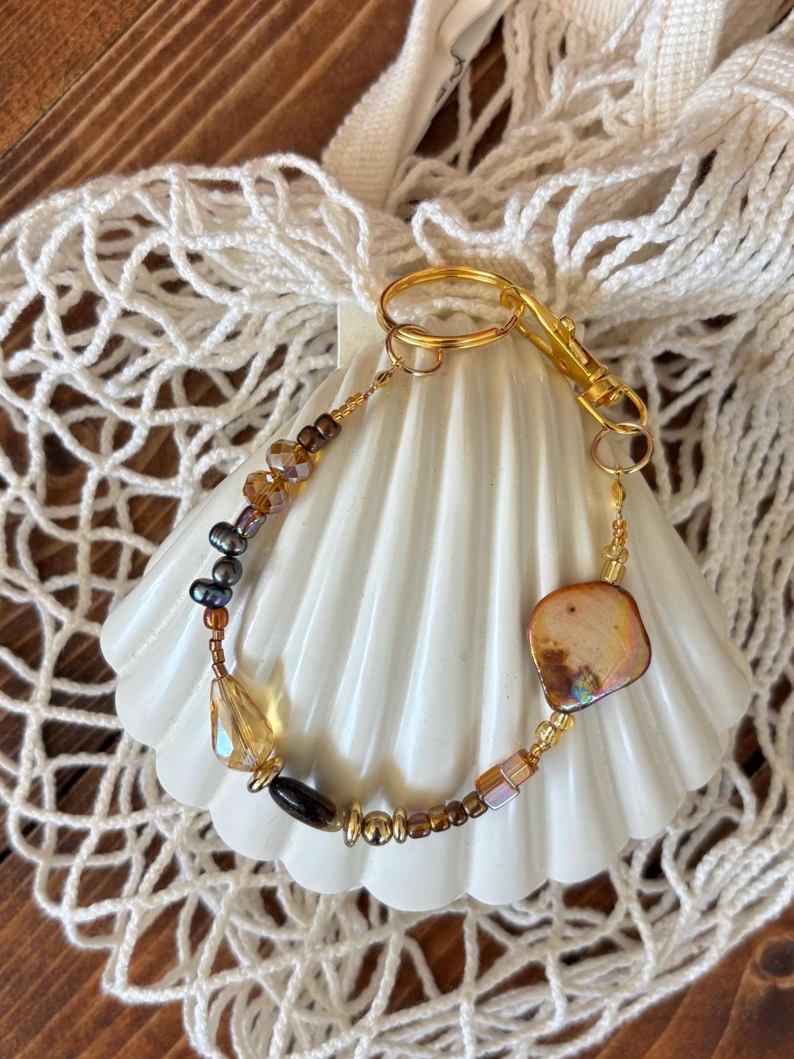 Bag Charm Keychain with Freshwater Pearls and Glass Beads | “Abalone Shell” | Handmade with Gold Accents, Gifts and Party Favors for Purse
