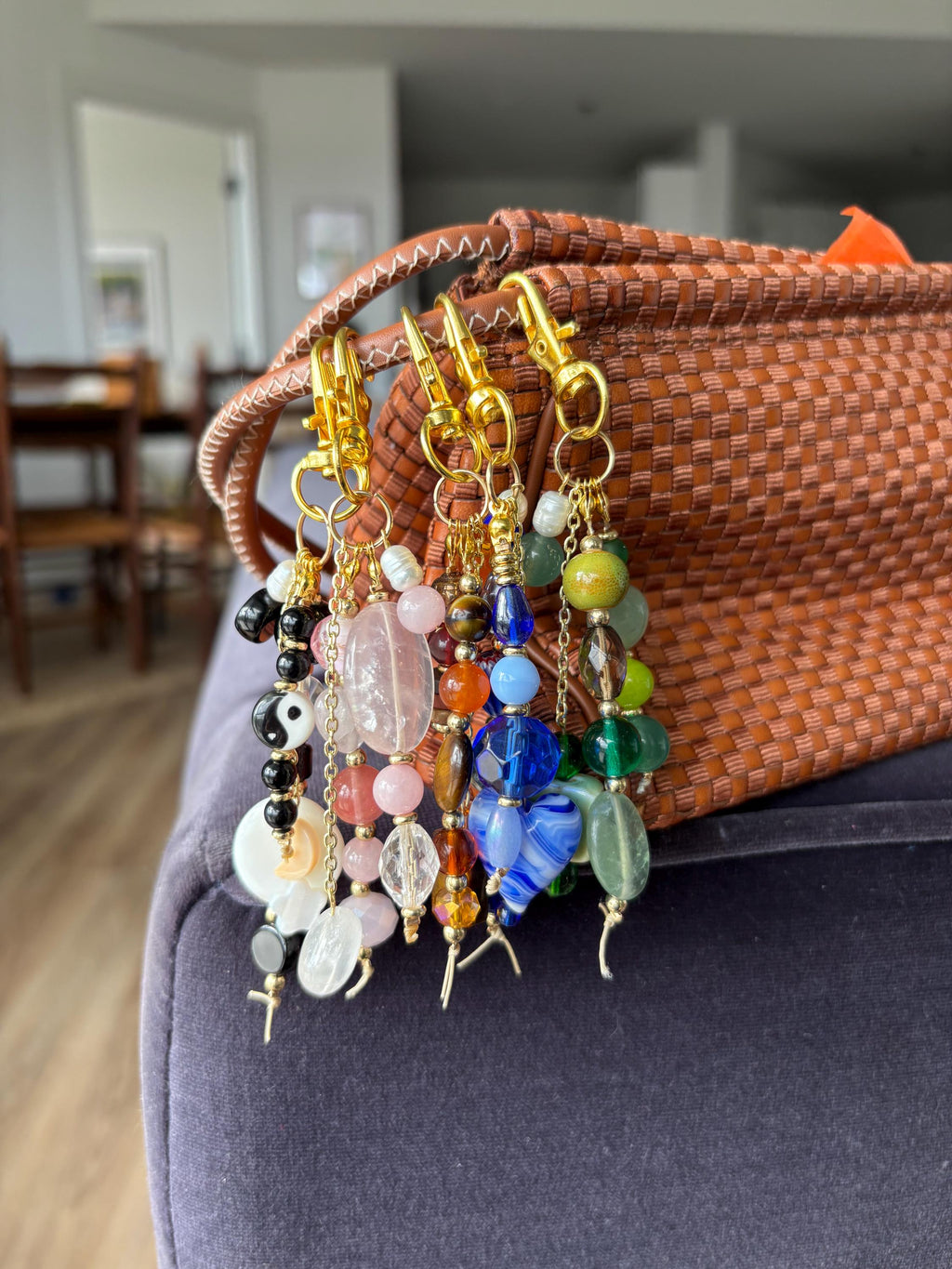 Bag Charm Keychains with Glass + Ceramic Beads, Gold Accents, and Freshwater Pearls | Handmade and Customizable | Perfect for Purse Gifts