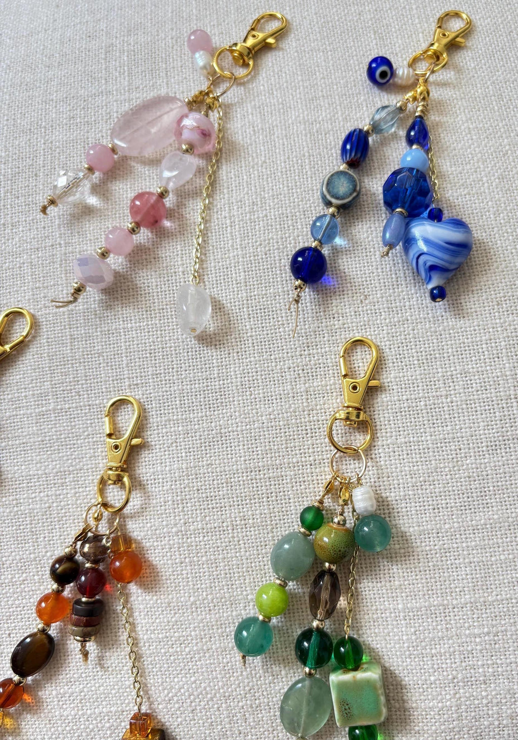 Bag Charm Keychains with Glass + Ceramic Beads, Gold Accents, and Freshwater Pearls | Handmade and Customizable | Perfect for Purse Gifts