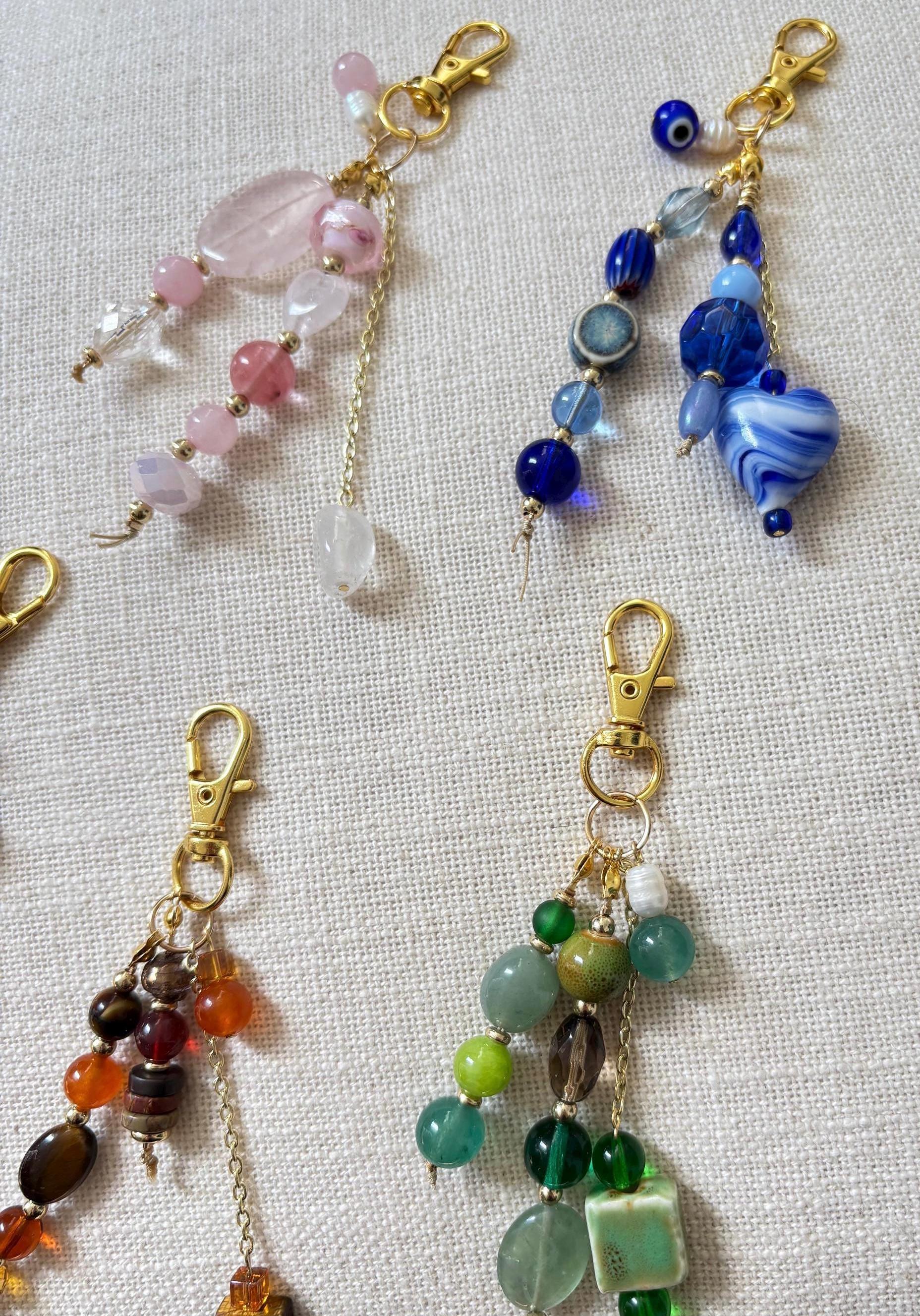 Bag Charm Keychains with Glass + Ceramic Beads, Gold Accents, and Freshwater Pearls | Handmade and Customizable | Perfect for Purse Gifts