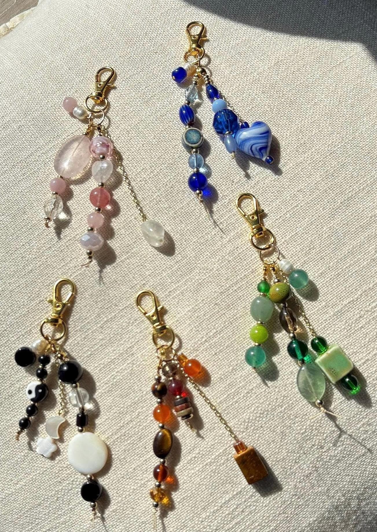 Bag Charm Keychains with Glass + Ceramic Beads, Gold Accents, and Freshwater Pearls | Handmade and Customizable | Perfect for Purse Gifts