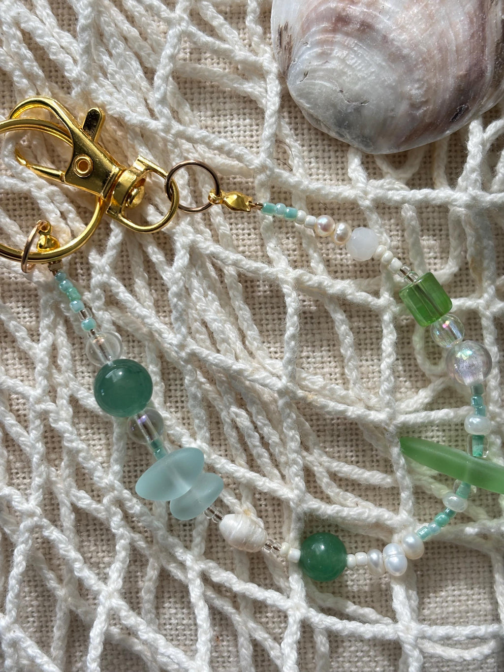 Bag Charm Keychain with Freshwater Pearls and Glass Beads | “Seafoam” | Handmade with Gold Accents, Gifts and Party Favors for Purse
