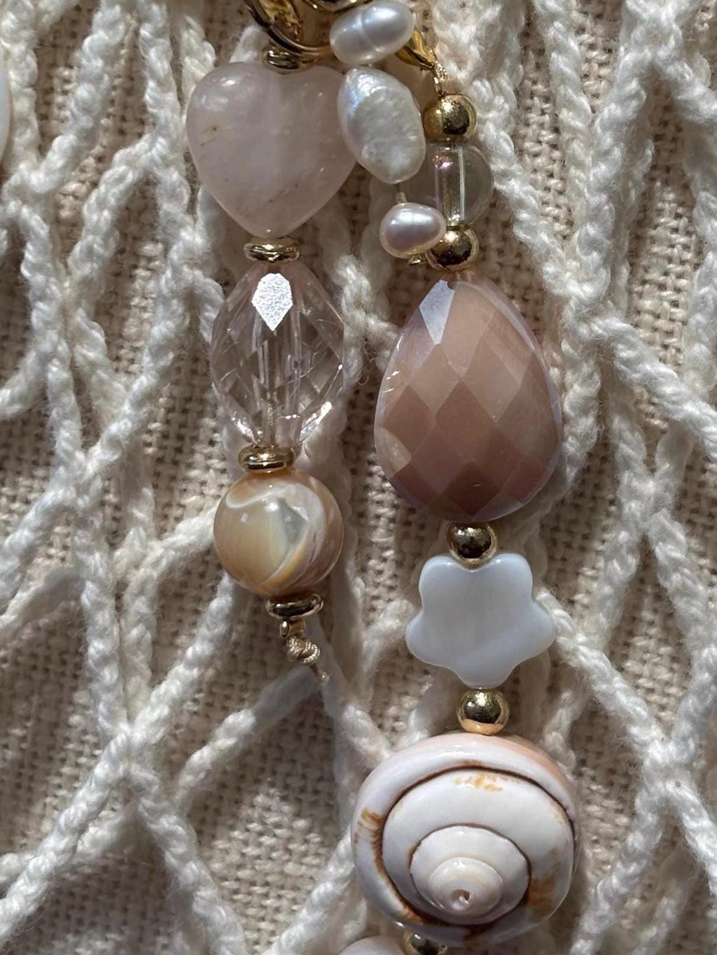 Bag Charm Keychain with Freshwater Pearls & Shells | “Sand Treats” |  Handmade and Customizable with Gold Accents, Gifts and Party Favors
