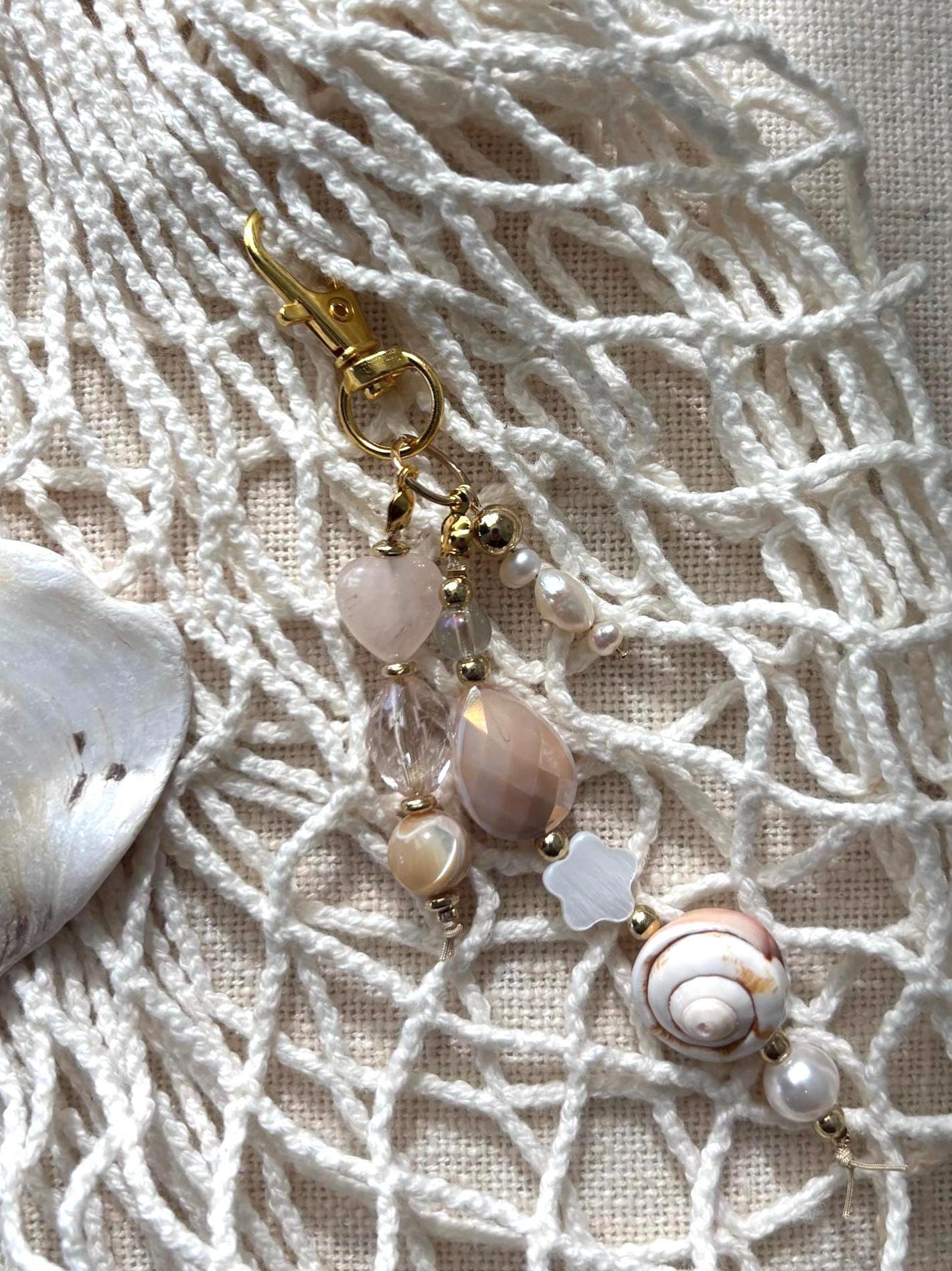 Bag Charm Keychain with Freshwater Pearls & Shells | “Sand Treats” |  Handmade and Customizable with Gold Accents, Gifts and Party Favors