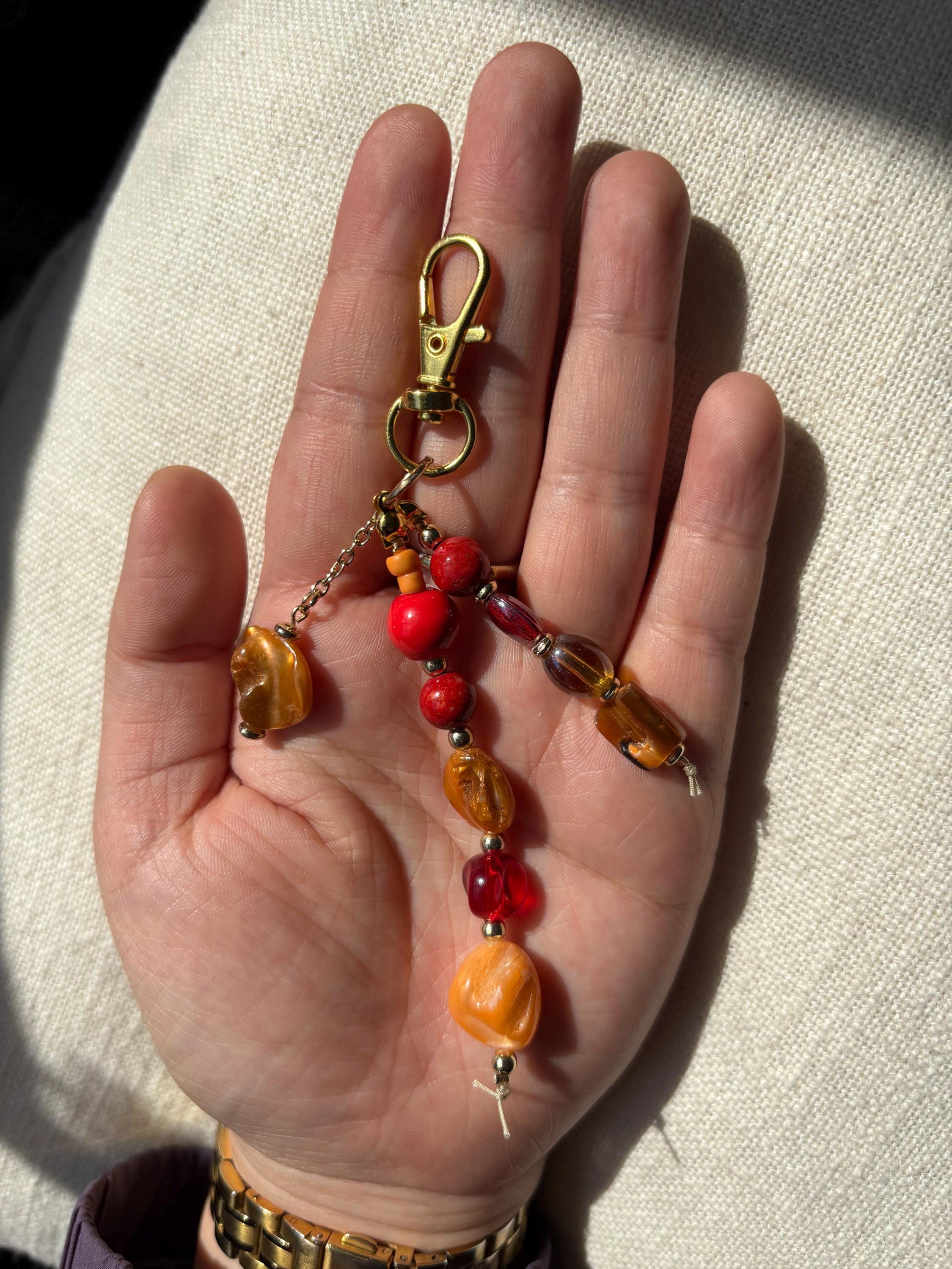 Bag Charm Keychain with Freshwater Pearls & Glass Bead | “Coral Reef” |  Handmade and Customizable with Gold Accents, Gifts and Party Favors