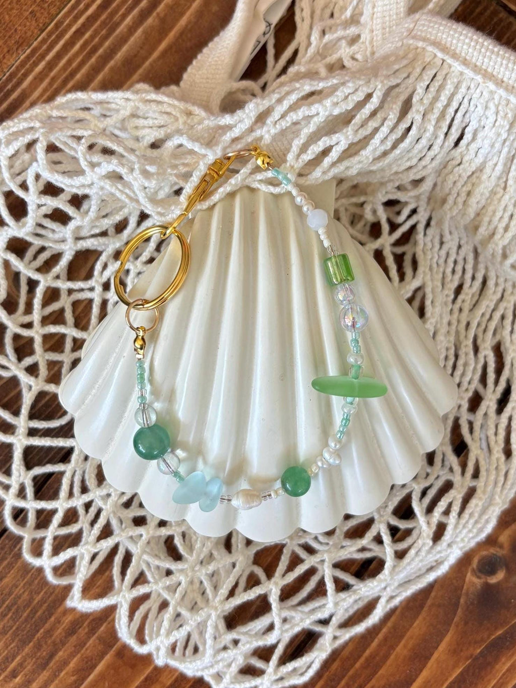 Bag Charm Keychain with Freshwater Pearls and Glass Beads | “Seafoam” | Handmade with Gold Accents, Gifts and Party Favors for Purse
