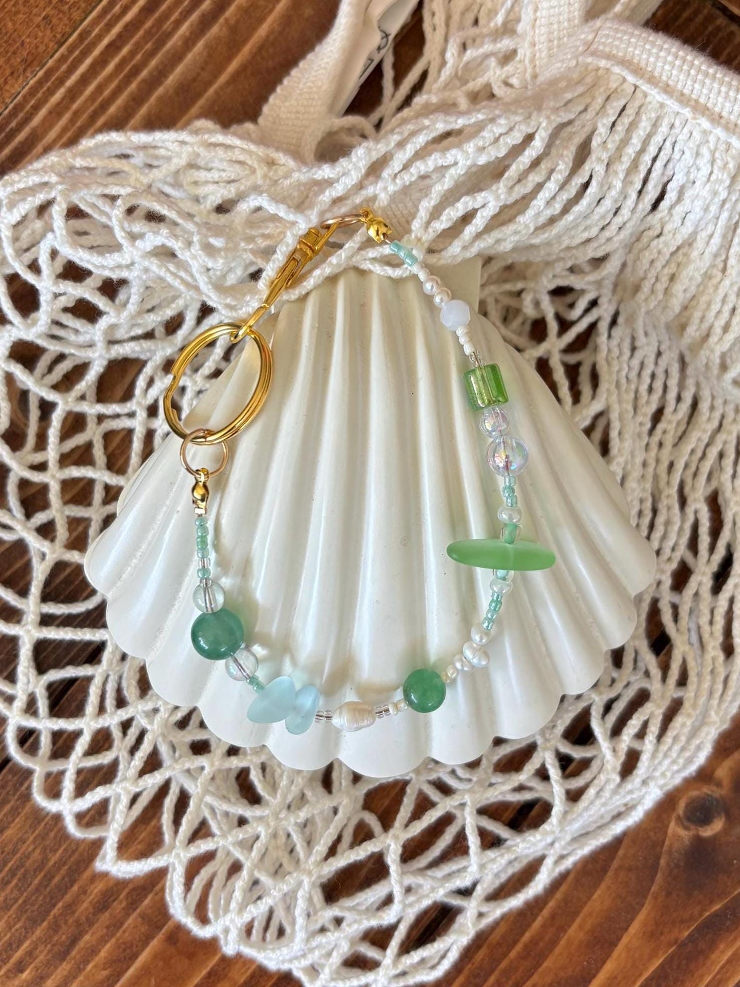 Bag Charm Keychain with Freshwater Pearls and Glass Beads | “Seafoam” | Handmade with Gold Accents, Gifts and Party Favors for Purse