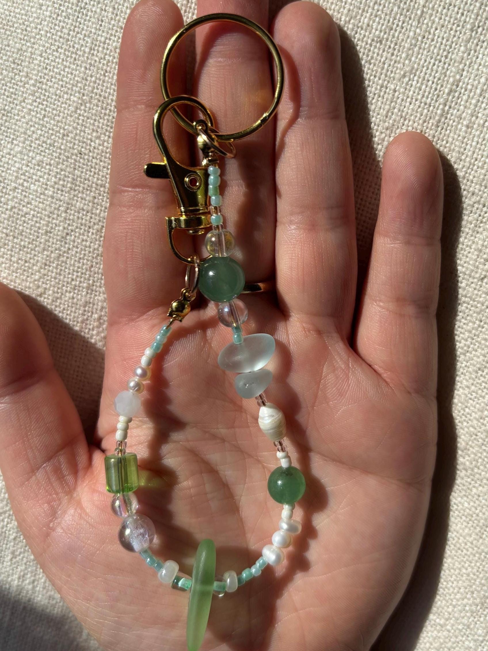 Bag Charm Keychain with Freshwater Pearls and Glass Beads | “Seafoam” | Handmade with Gold Accents, Gifts and Party Favors for Purse