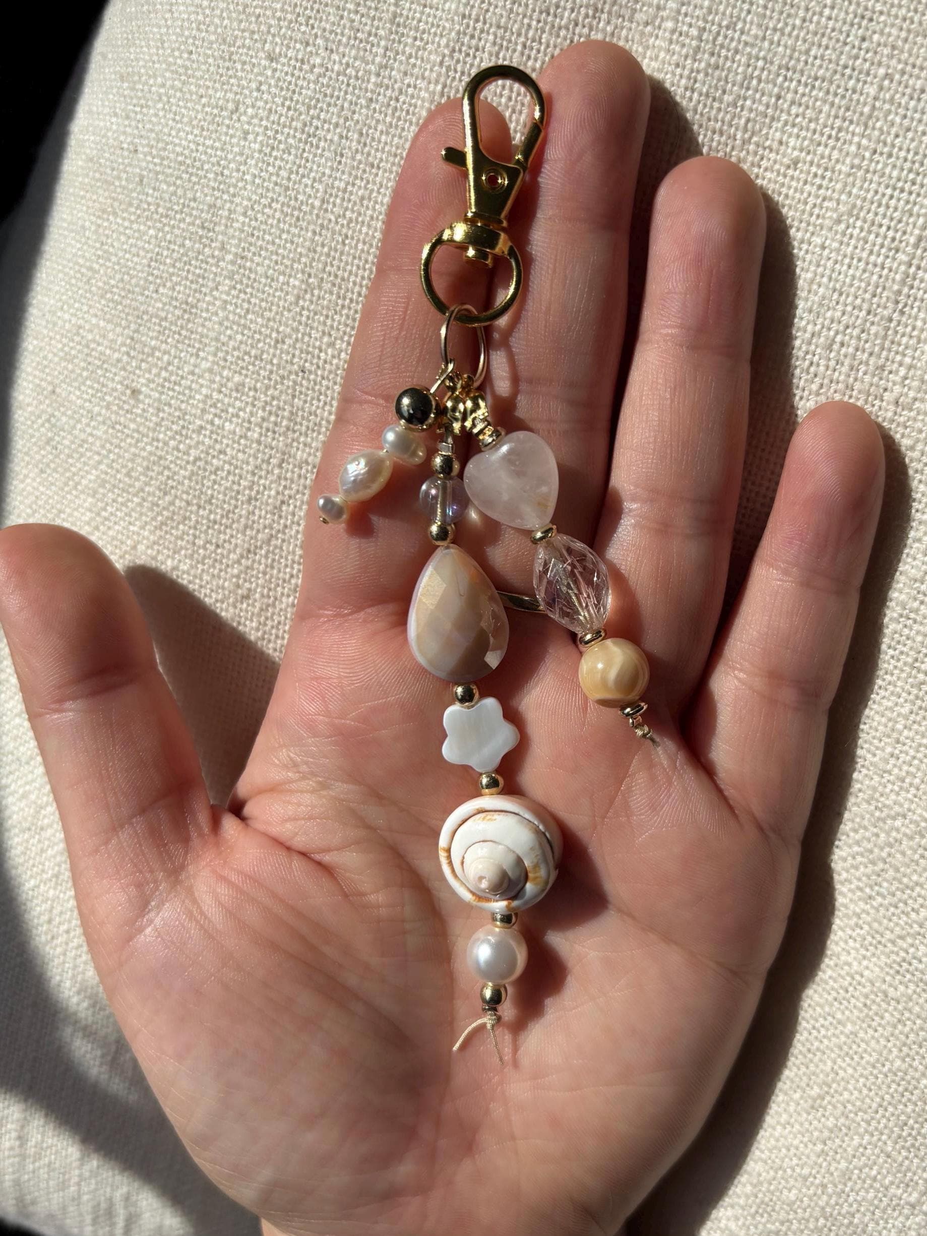 Bag Charm Keychain with Freshwater Pearls & Shells | “Sand Treats” |  Handmade and Customizable with Gold Accents, Gifts and Party Favors