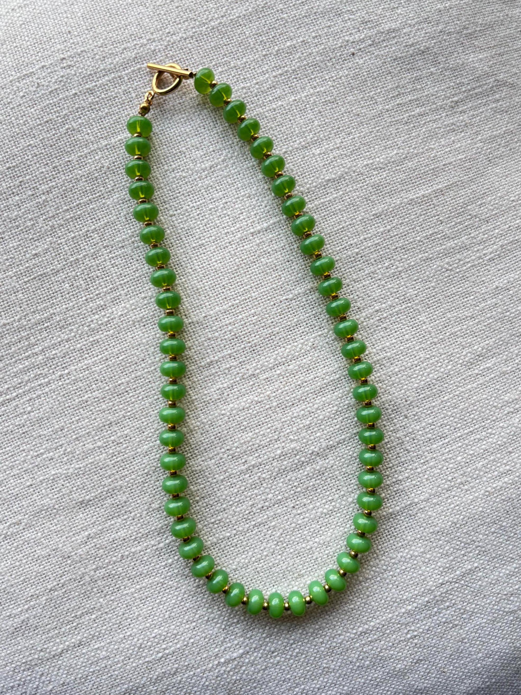 Green Beaded Necklace with Tarnish Resistant Gold Accents | Toggle Clasp Closure and Donut Roundelle Glass Beads | 17” + Customizable