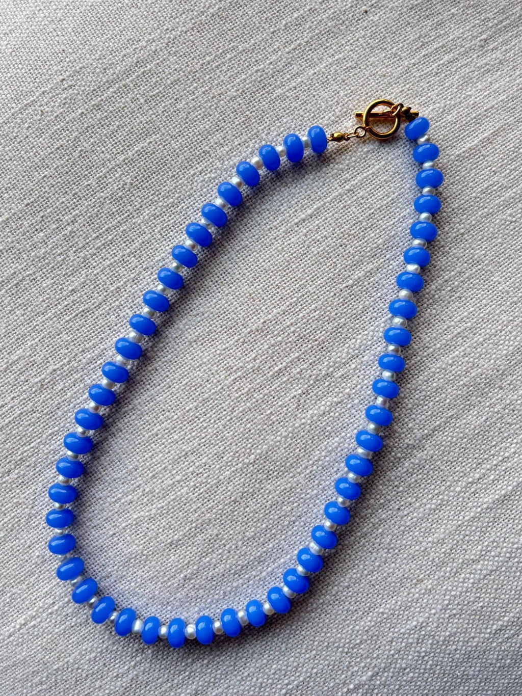 Periwinkle Beaded Necklace with Tarnish Resistant Gold Accents + Pearls | Toggle Clasp and Donut Roundelle Glass Beads | 17” + Customizable