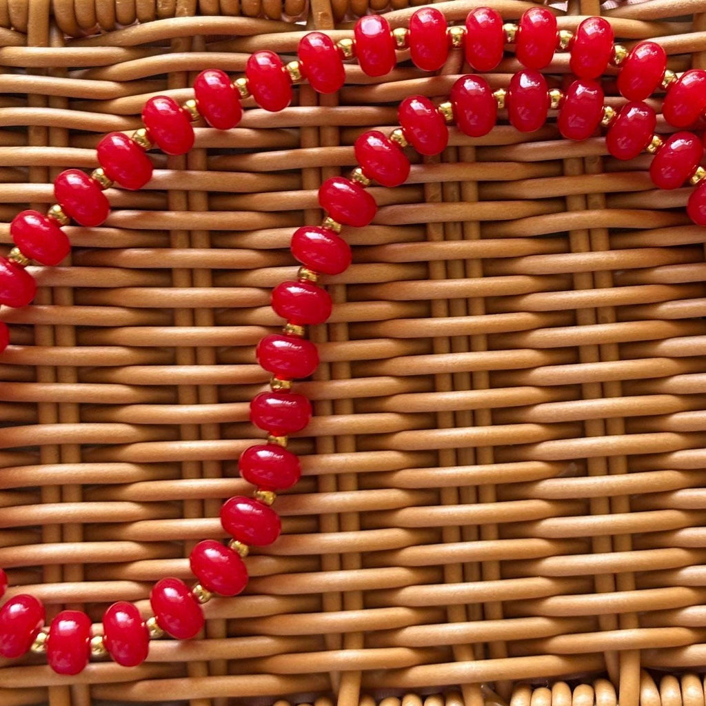 Red Beaded Necklace with Tarnish Resistant Gold Accents | Toggle Clasp Closure and Donut Roundelle Glass Beads | 17” + Customizable