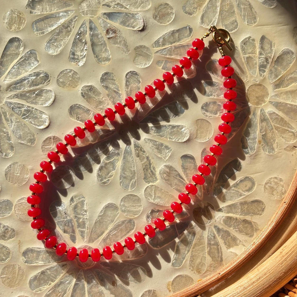 Red Beaded Necklace with Tarnish Resistant Gold Accents | Toggle Clasp Closure and Donut Roundelle Glass Beads | 17” + Customizable
