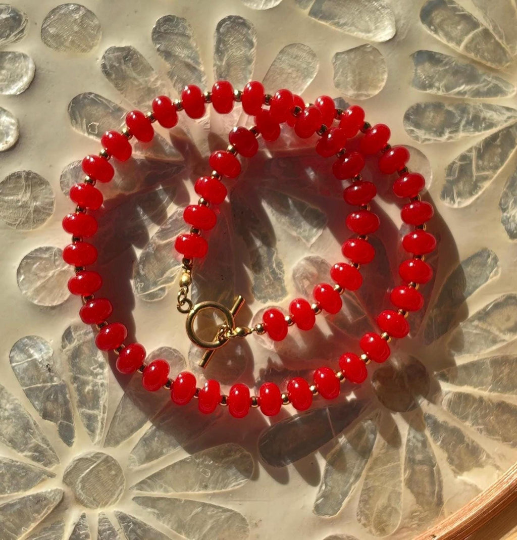 Red Beaded Necklace with Tarnish Resistant Gold Accents | Toggle Clasp Closure and Donut Roundelle Glass Beads | 17” + Customizable
