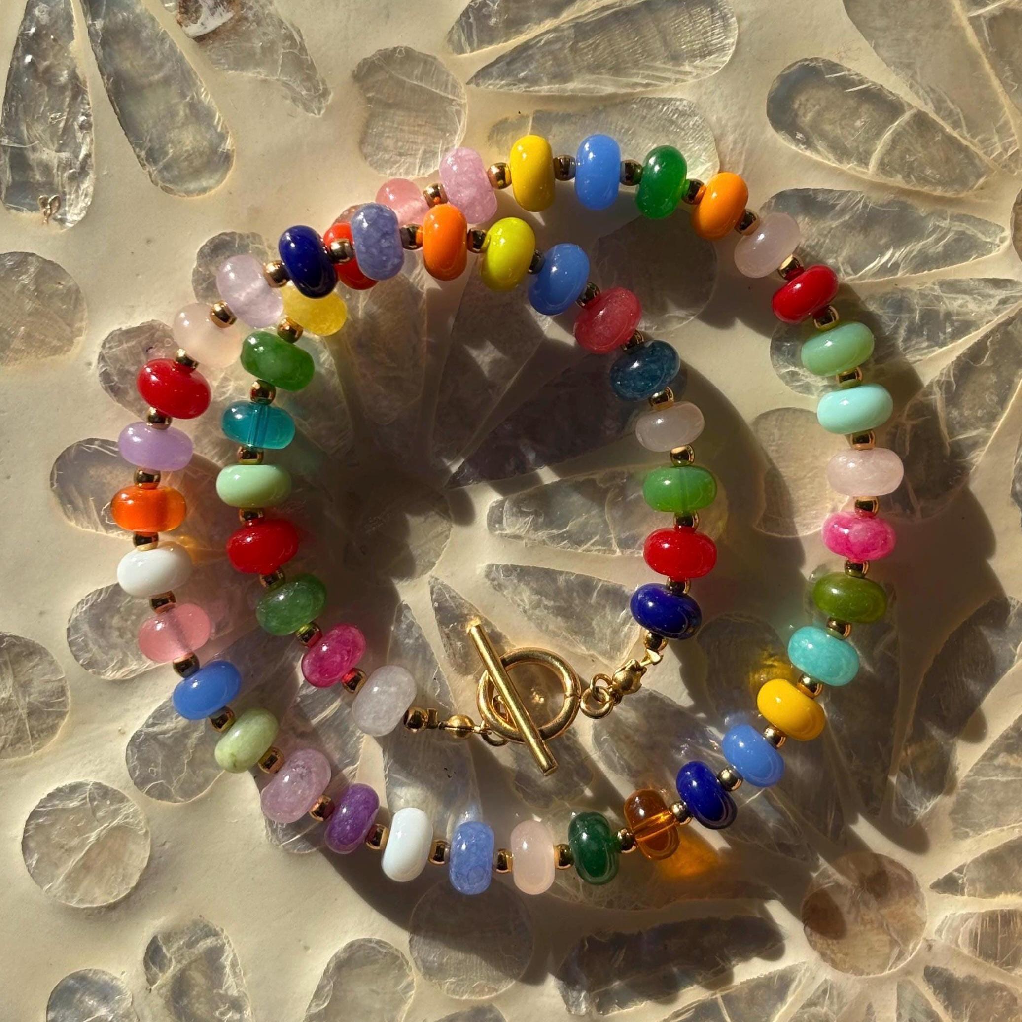 Multicolor Beaded Necklace with Tarnish Resistant Gold Accents | Toggle Clasp Closure and Donut Roundelle Glass Beads | 17” + Customizable