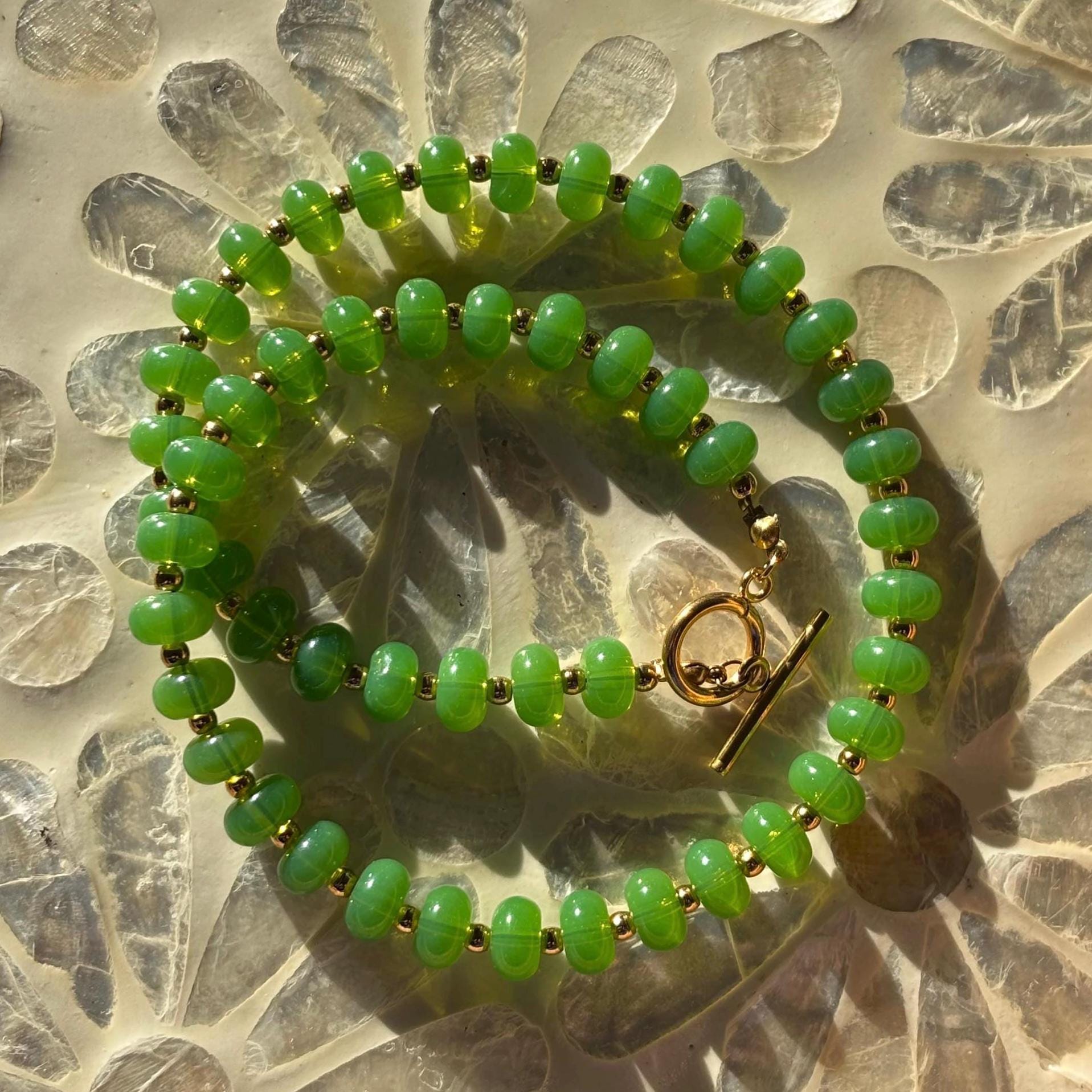 Green Beaded Necklace with Tarnish Resistant Gold Accents | Toggle Clasp Closure and Donut Roundelle Glass Beads | 17” + Customizable